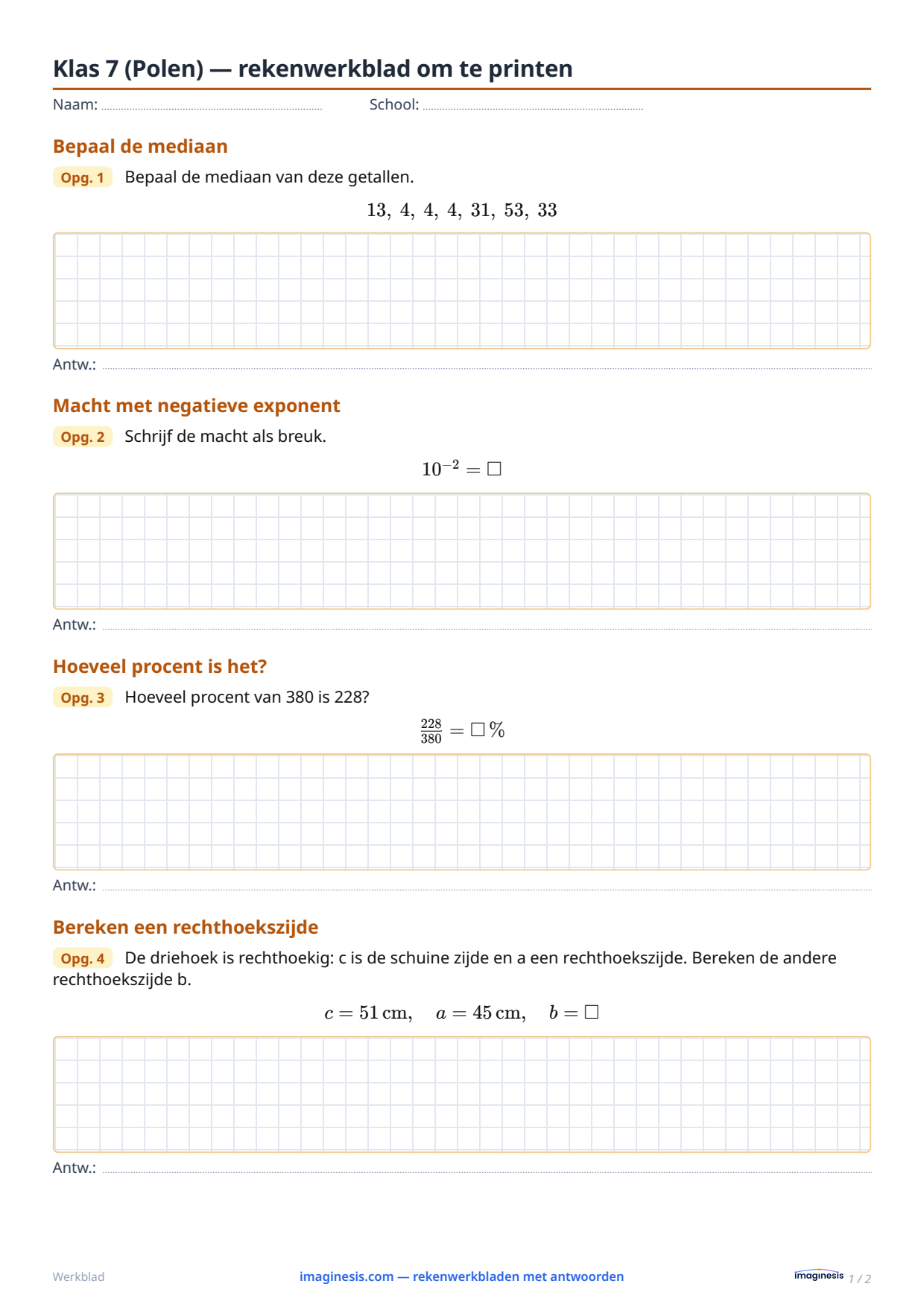 Klas 7 (Polen) — rekenwerkblad om te printen — Leerlingblad: rekenwerkblad om te printen (Klas 7, Polen)