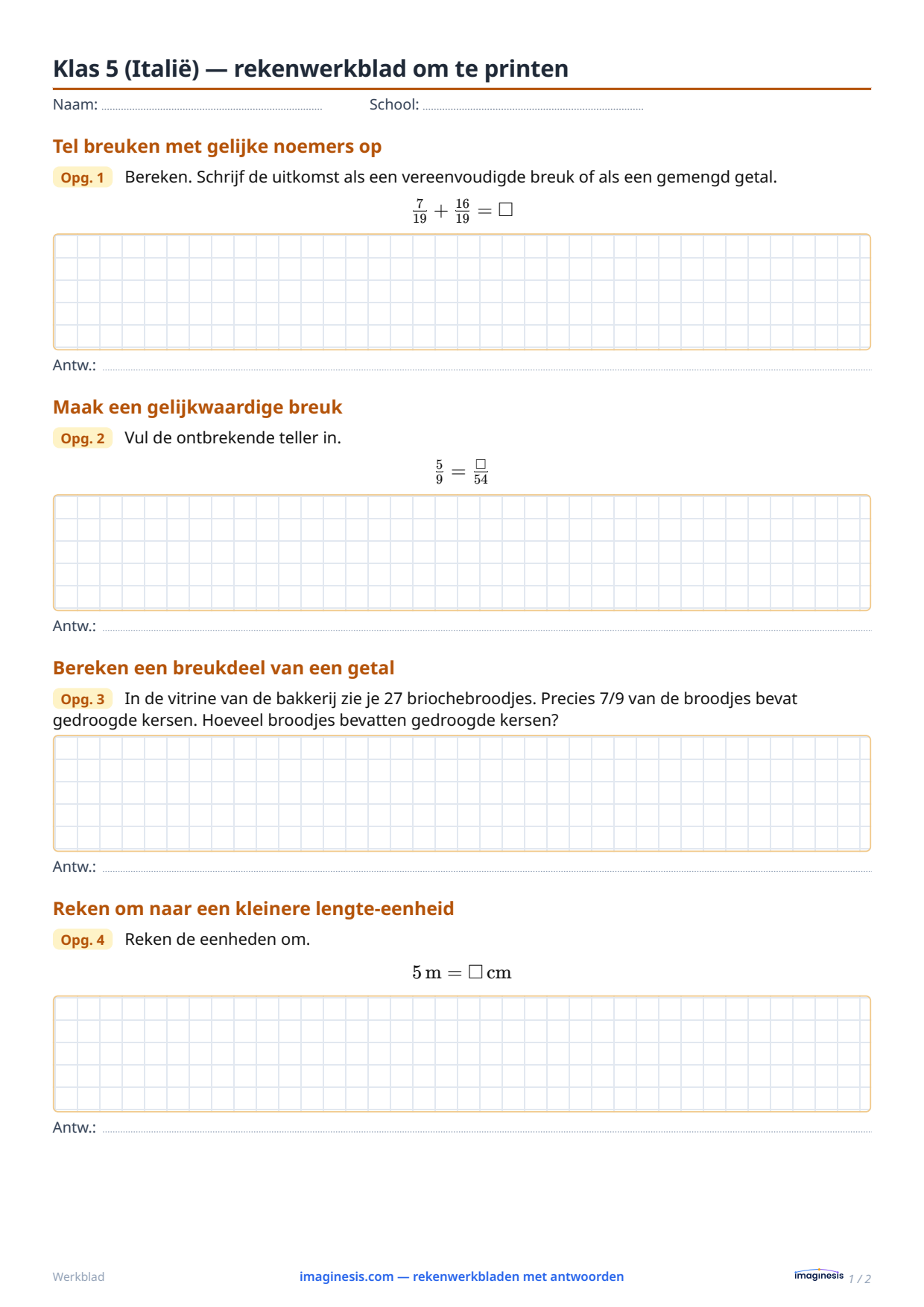 Klas 5 (Italië) — rekenwerkblad om te printen — Leerlingblad: rekenwerkblad om te printen (Klas 5, Italië)