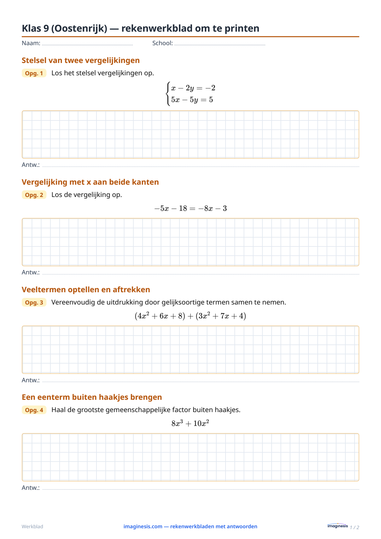 Klas 9 (Oostenrijk) — rekenwerkblad om te printen — Leerlingblad: rekenwerkblad om te printen (Klas 9, Oostenrijk)