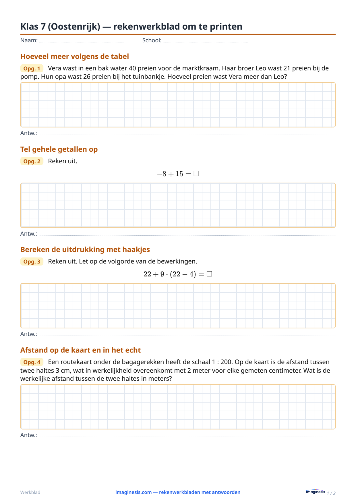 Klas 7 (Oostenrijk) — rekenwerkblad om te printen — Leerlingblad: rekenwerkblad om te printen (Klas 7, Oostenrijk)