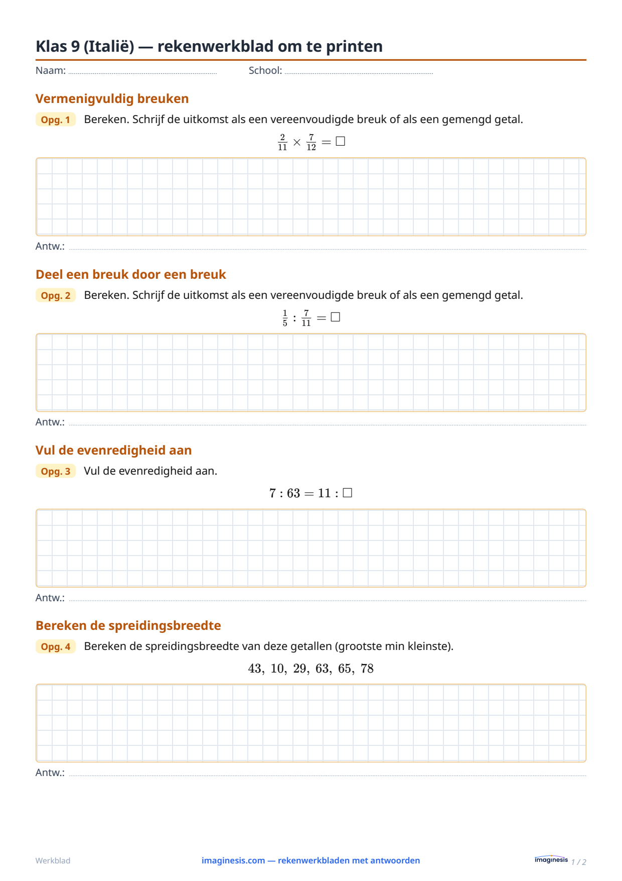 Klas 9 (Italië) — rekenwerkblad om te printen — Leerlingblad: rekenwerkblad om te printen (Klas 9, Italië)