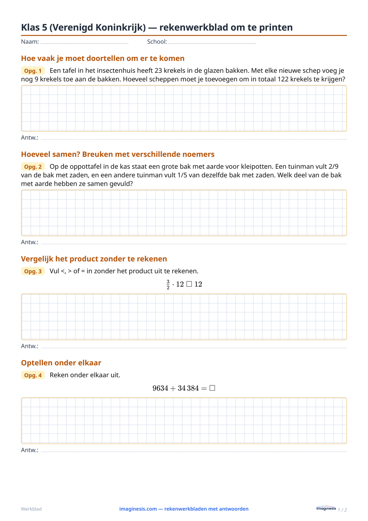 Klas 5 (Verenigd Koninkrijk) — rekenwerkblad om te printen — Leerlingblad: rekenwerkblad om te printen (Klas 5, Verenigd Koninkrijk)