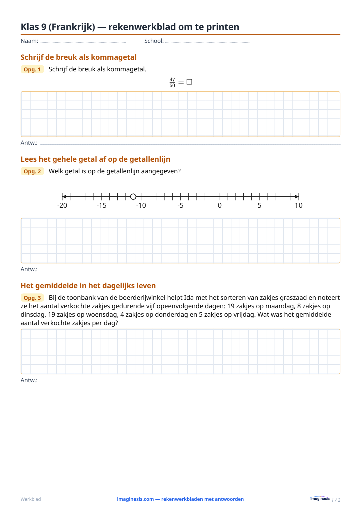 Klas 9 (Frankrijk) — rekenwerkblad om te printen — Leerlingblad: rekenwerkblad om te printen (Klas 9, Frankrijk)