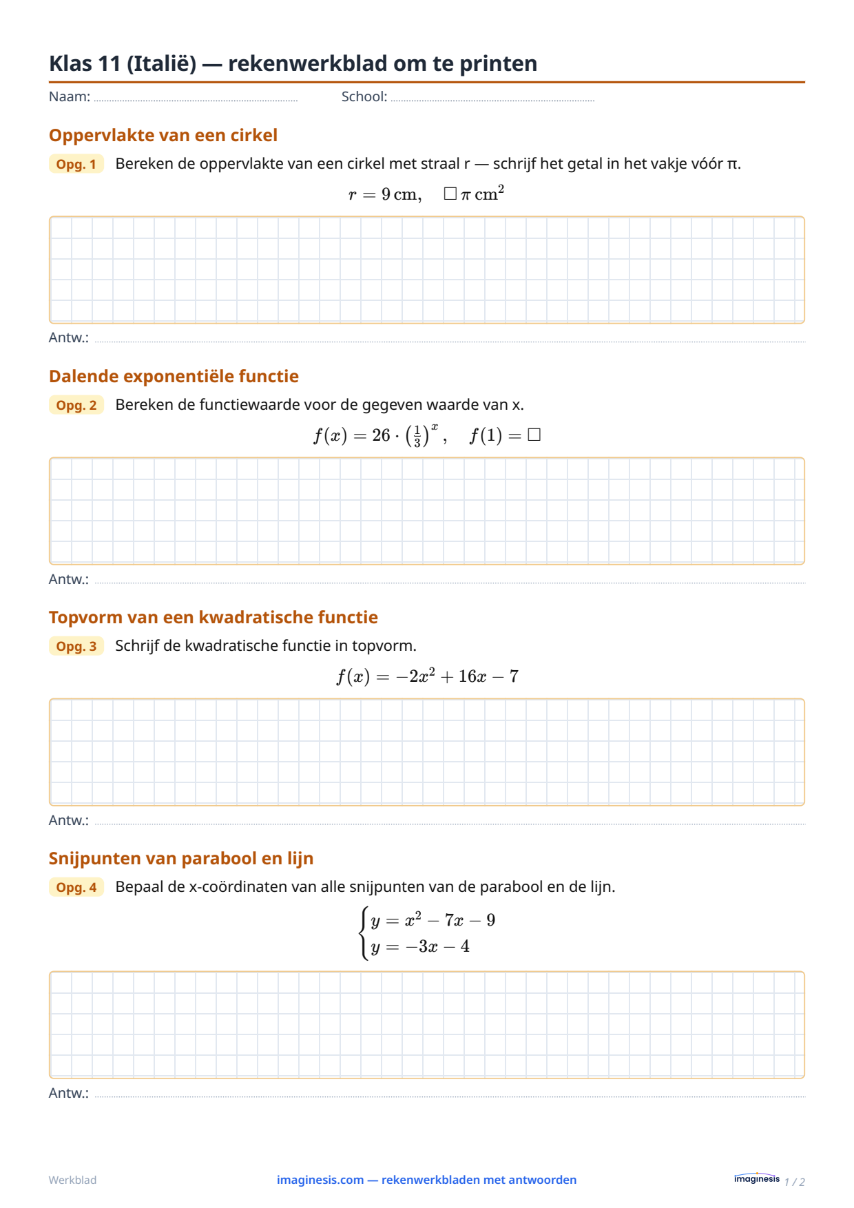 Klas 11 (Italië) — rekenwerkblad om te printen — Leerlingblad: rekenwerkblad om te printen (Klas 11, Italië)