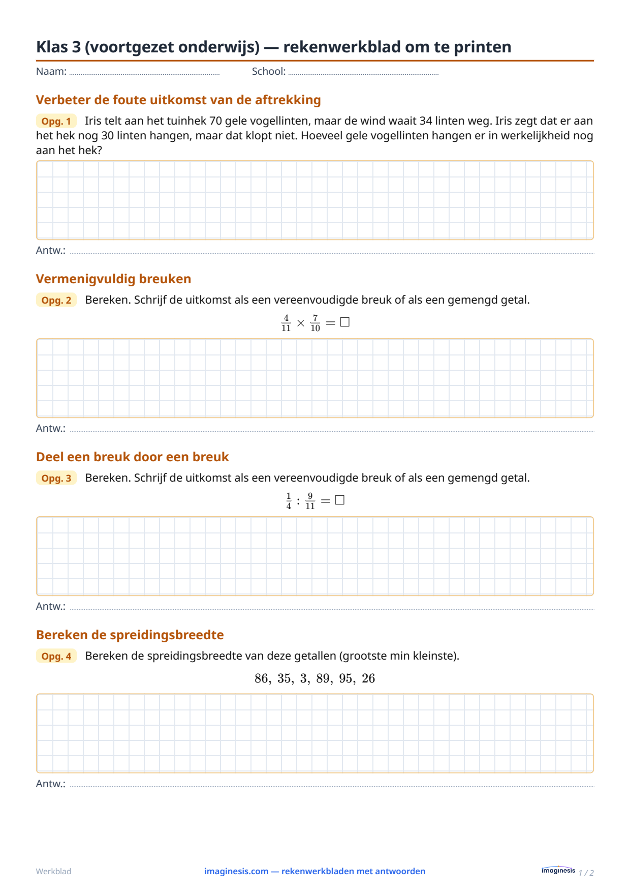 Klas 3 (voortgezet onderwijs) — rekenwerkblad om te printen — Leerlingblad: rekenwerkblad om te printen (Klas 3 (voortgezet onderwijs), Nederland)
