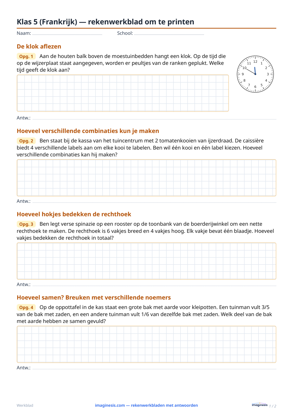 Klas 5 (Frankrijk) — rekenwerkblad om te printen — Leerlingblad: rekenwerkblad om te printen (Klas 5, Frankrijk)