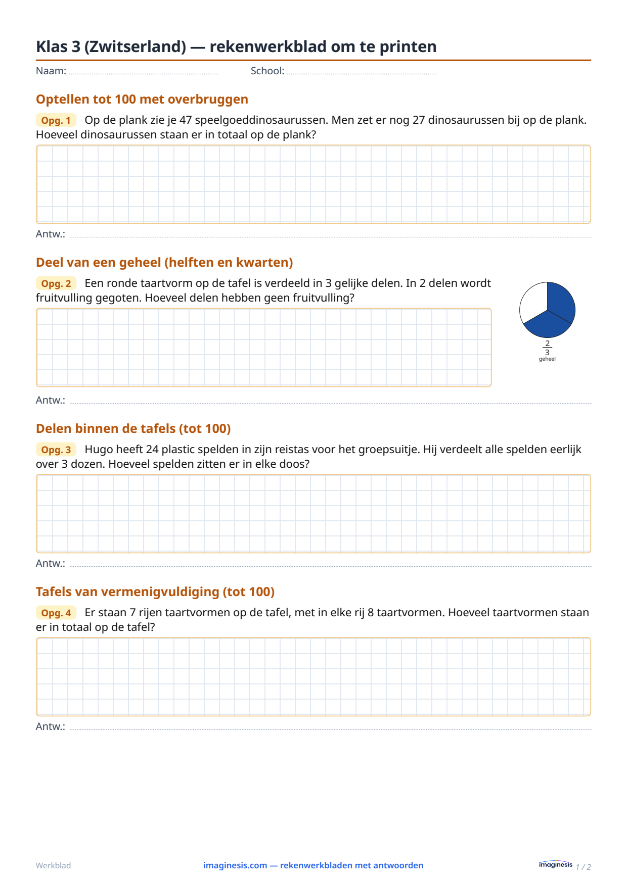 Klas 3 (Zwitserland) — rekenwerkblad om te printen — Leerlingblad: rekenwerkblad om te printen (Klas 3, Zwitserland)