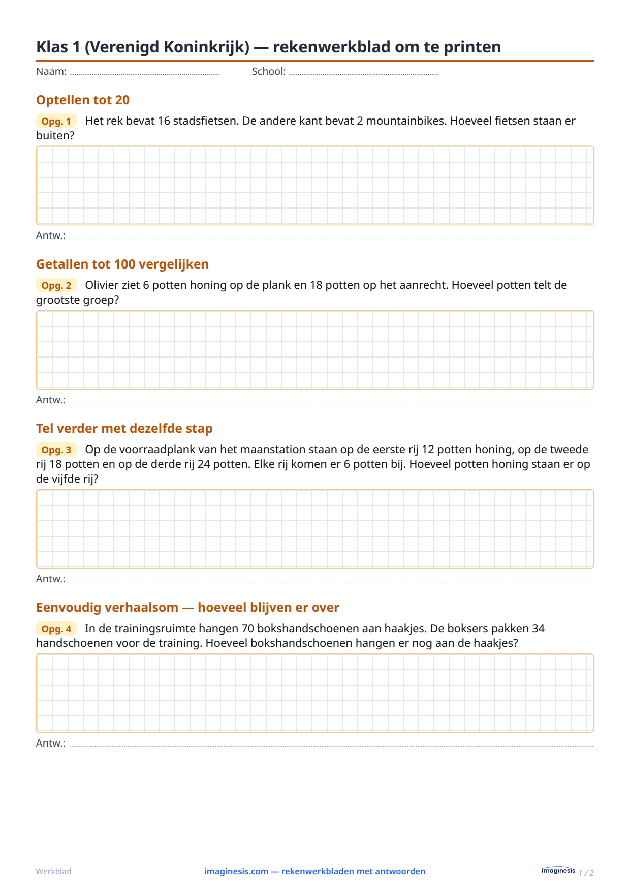 Klas 1 (Verenigd Koninkrijk) — rekenwerkblad om te printen — Leerlingblad: rekenwerkblad om te printen (Klas 1, Verenigd Koninkrijk)