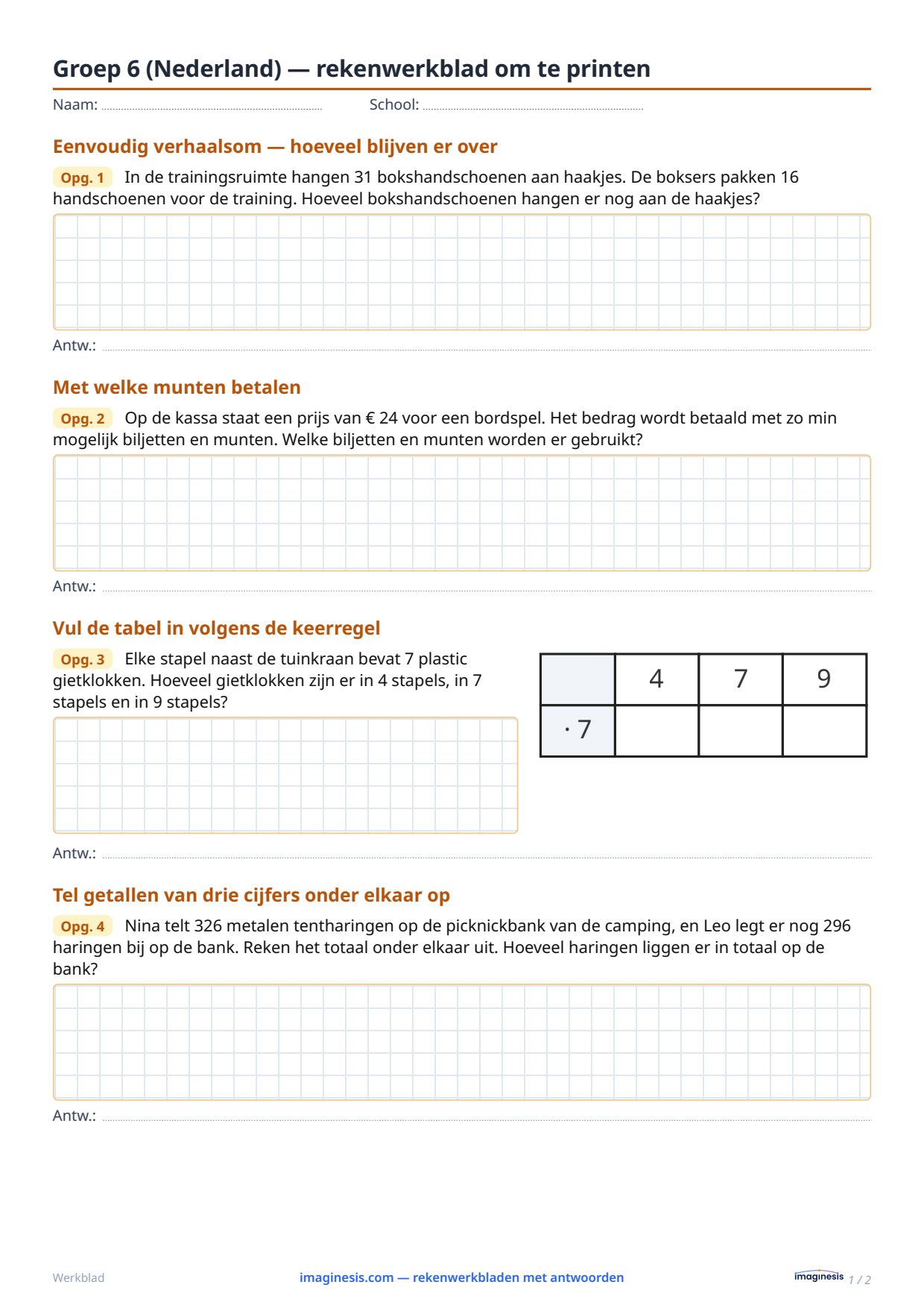 Groep 6 (Nederland) — rekenwerkblad om te printen — Leerlingblad: rekenwerkblad om te printen (Groep 6, Nederland)