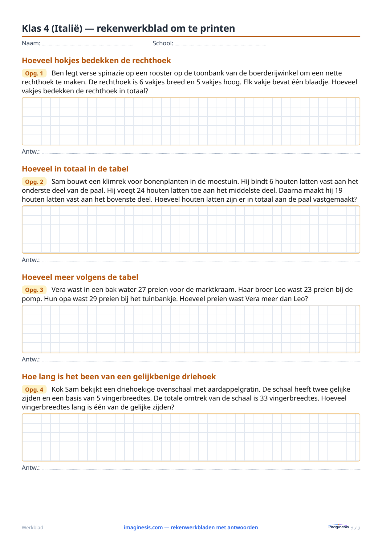 Klas 4 (Italië) — rekenwerkblad om te printen — Leerlingblad: rekenwerkblad om te printen (Klas 4, Italië)