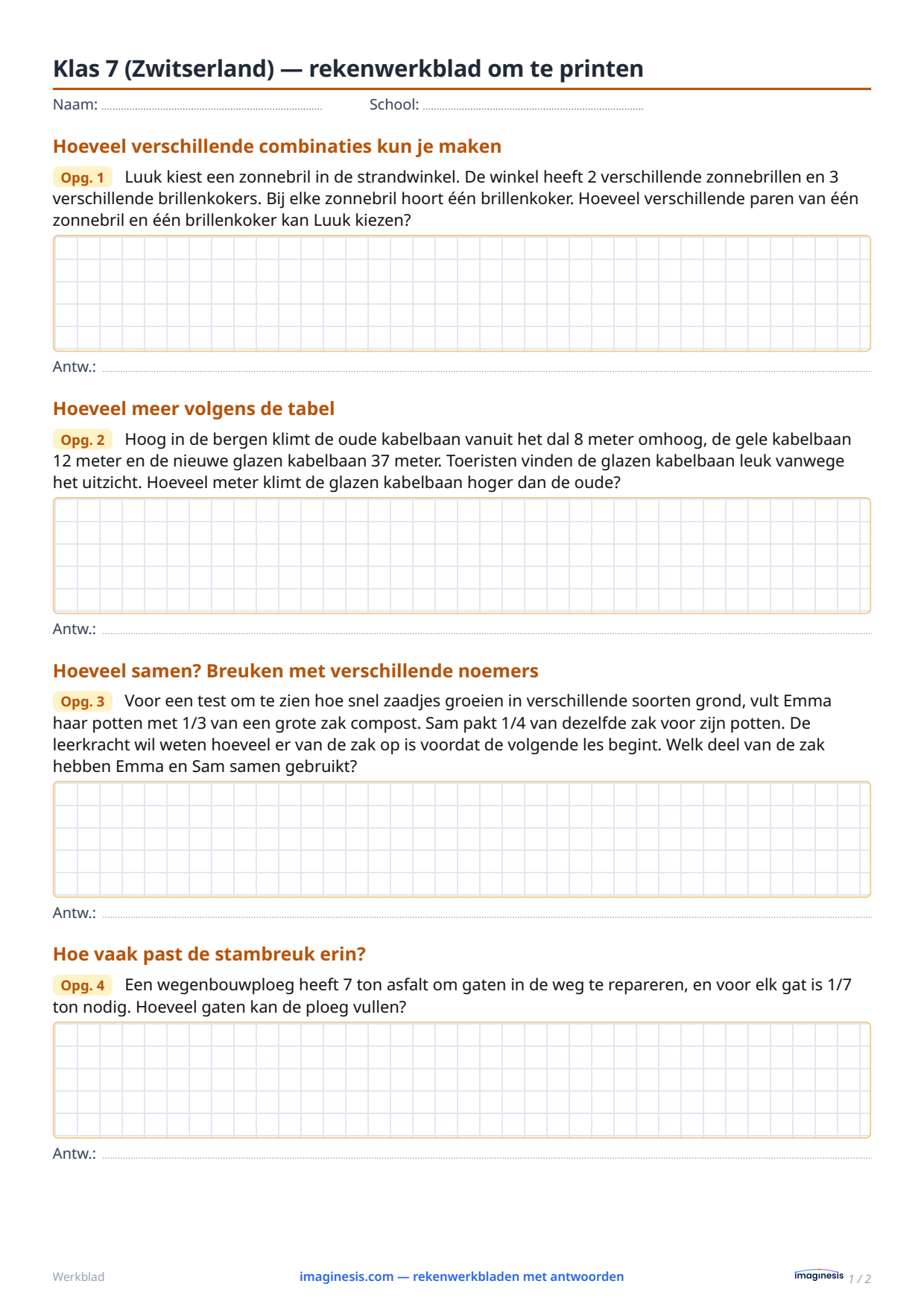 Klas 7 (Zwitserland) — rekenwerkblad om te printen — Leerlingblad: rekenwerkblad om te printen (Klas 7, Zwitserland)