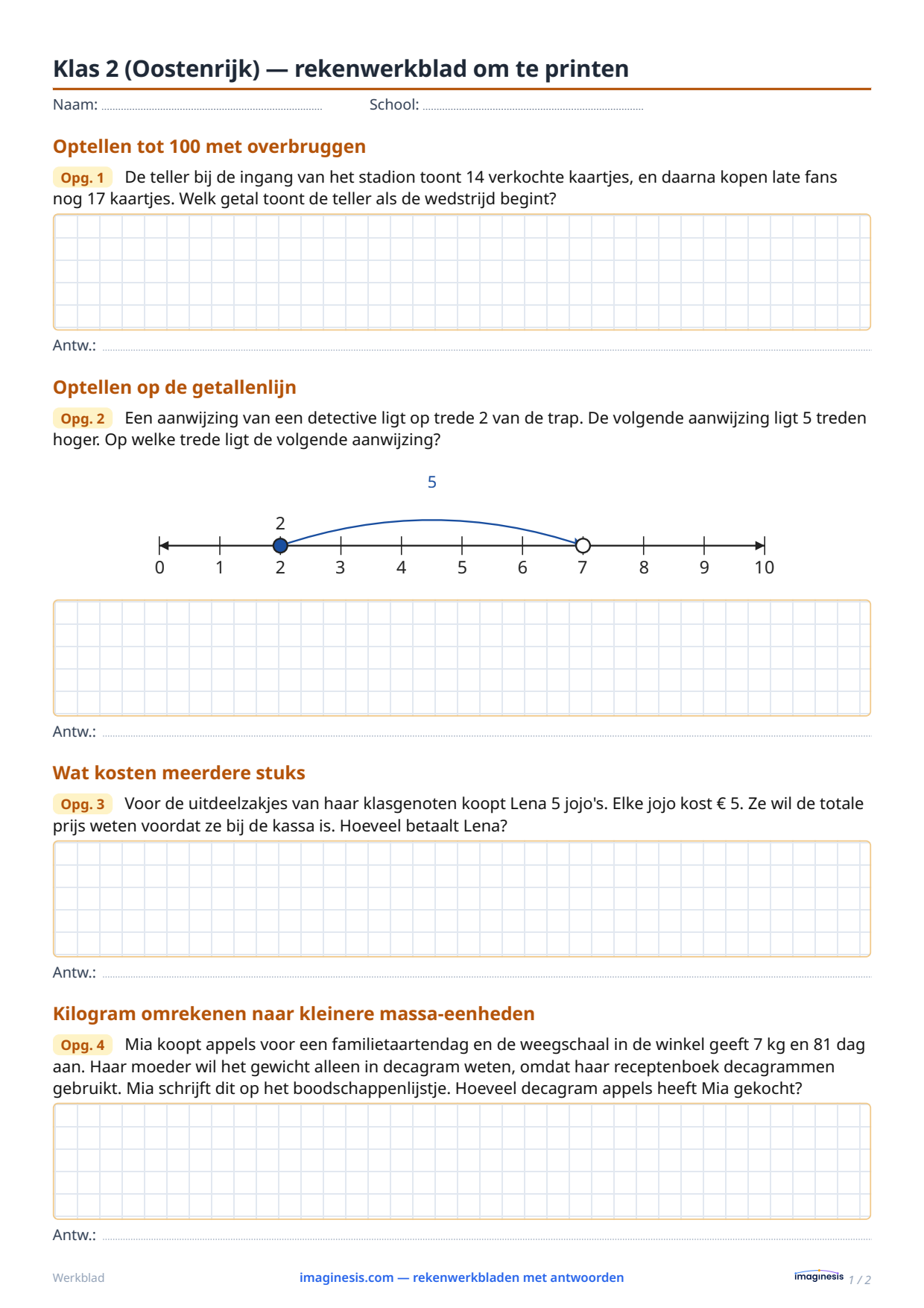 Klas 2 (Oostenrijk) — rekenwerkblad om te printen — Leerlingblad: rekenwerkblad om te printen (Klas 2, Oostenrijk)