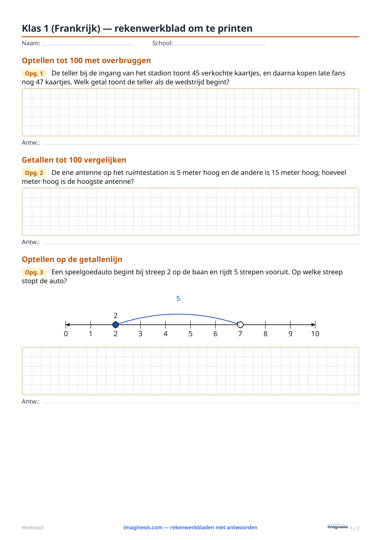 Klas 1 (Frankrijk) — rekenwerkblad om te printen — Leerlingblad: rekenwerkblad om te printen (Klas 1, Frankrijk)
