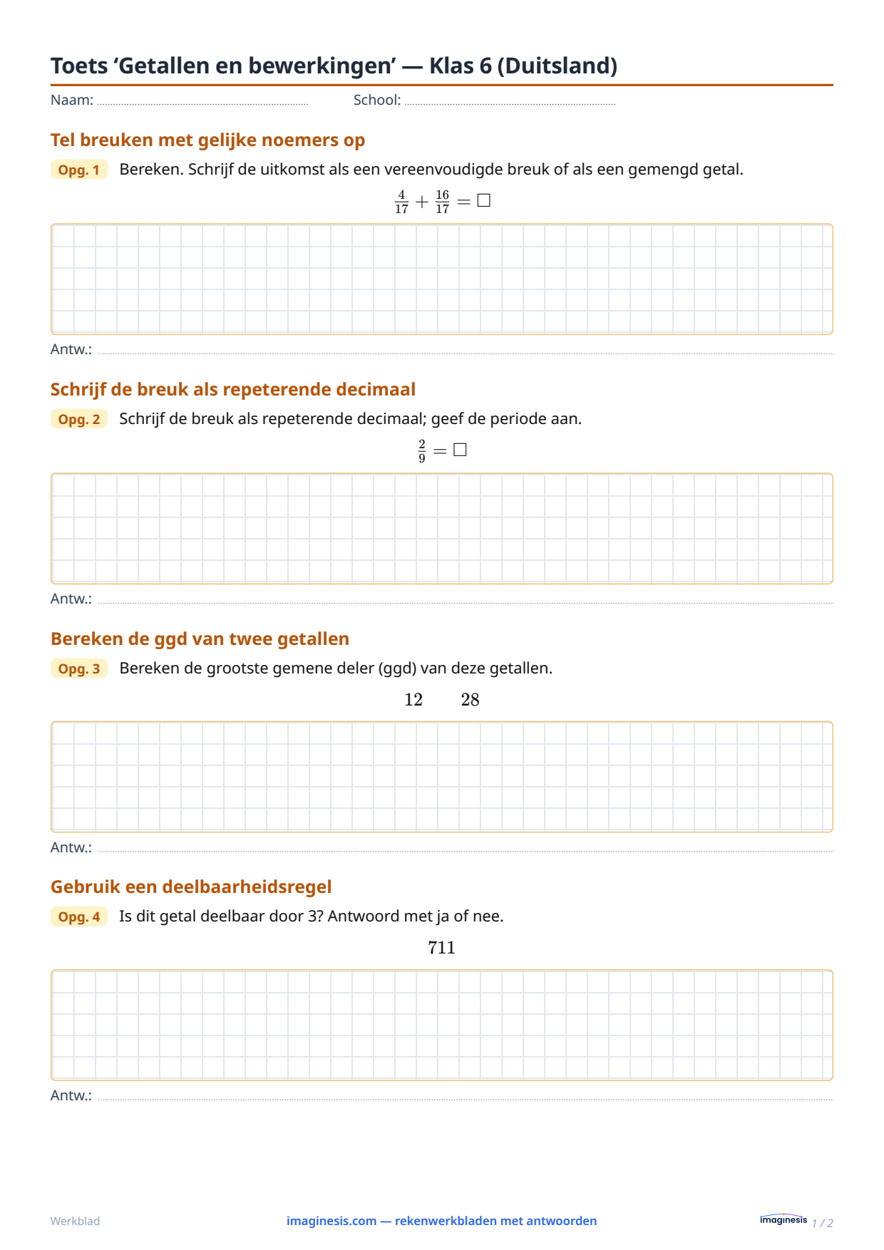 Toets ‘Getallen en bewerkingen’ — Klas 6 (Duitsland) — Leerlingblad: rekenwerkblad om te printen (Klas 6, Duitsland)