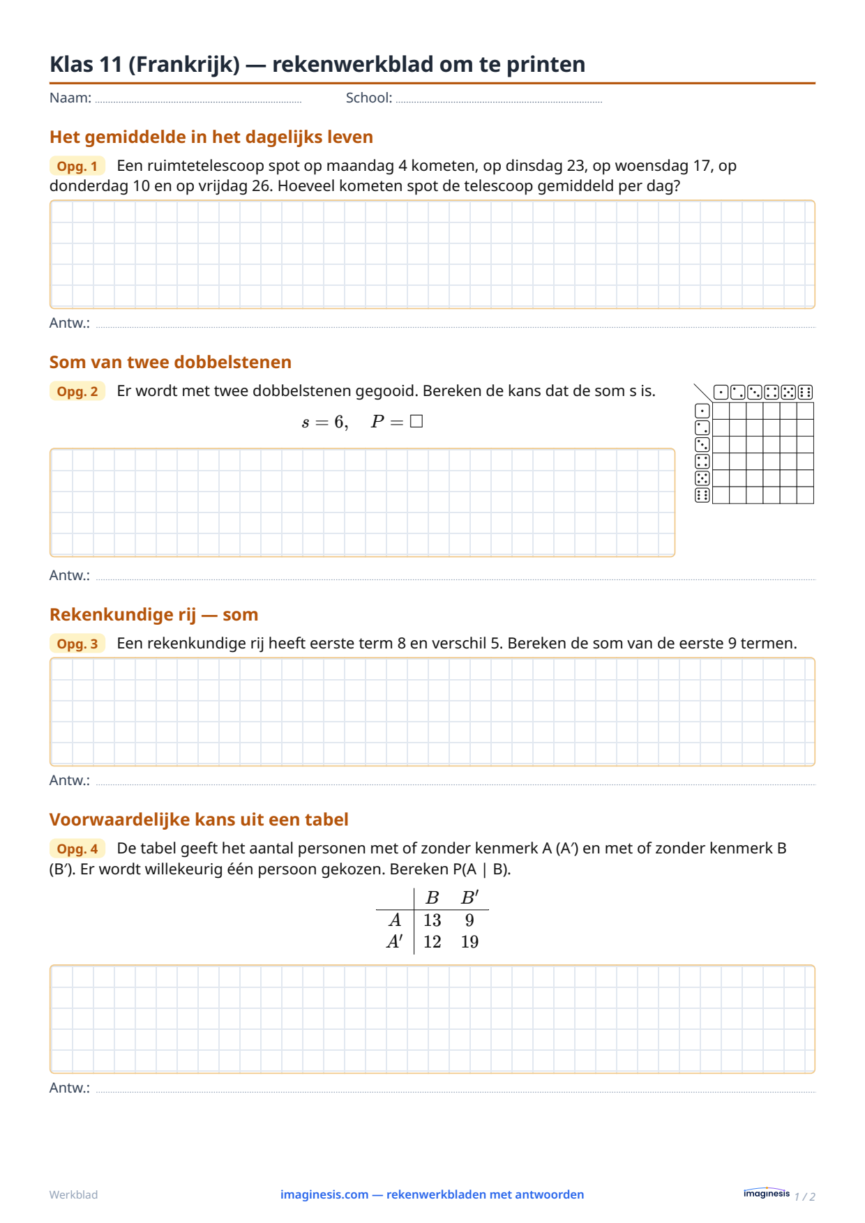 Klas 11 (Frankrijk) — rekenwerkblad om te printen — Leerlingblad: rekenwerkblad om te printen (Klas 11, Frankrijk)