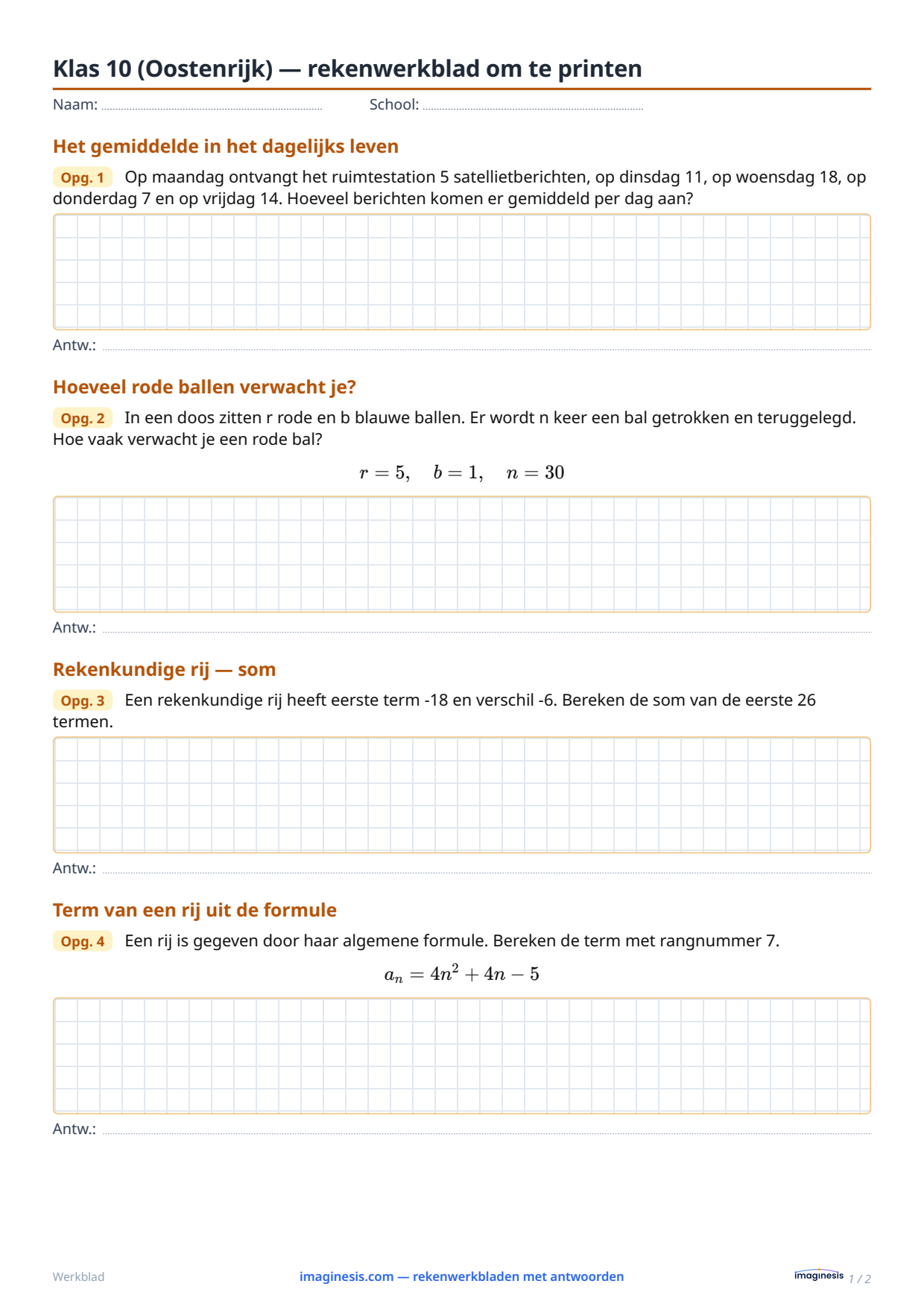 Klas 10 (Oostenrijk) — rekenwerkblad om te printen — Leerlingblad: rekenwerkblad om te printen (Klas 10, Oostenrijk)
