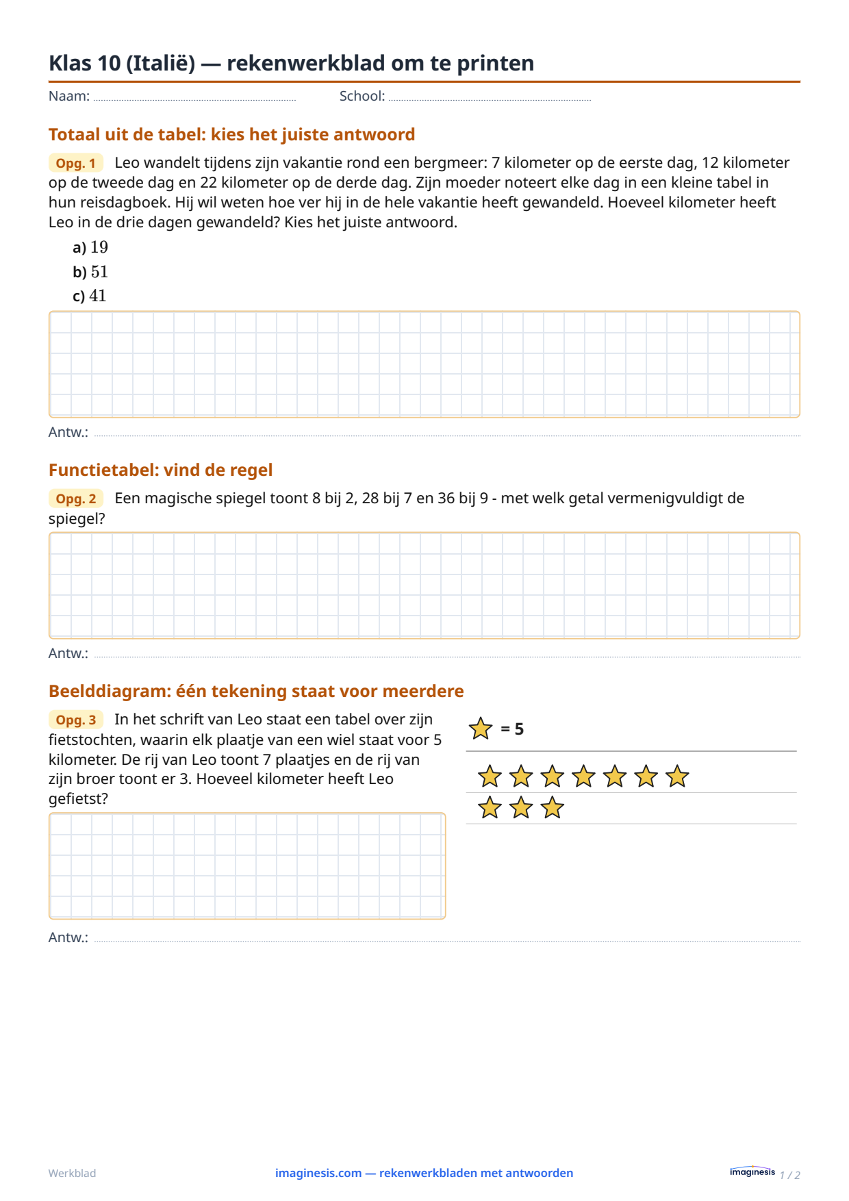 Klas 10 (Italië) — rekenwerkblad om te printen — Leerlingblad: rekenwerkblad om te printen (Klas 10, Italië)