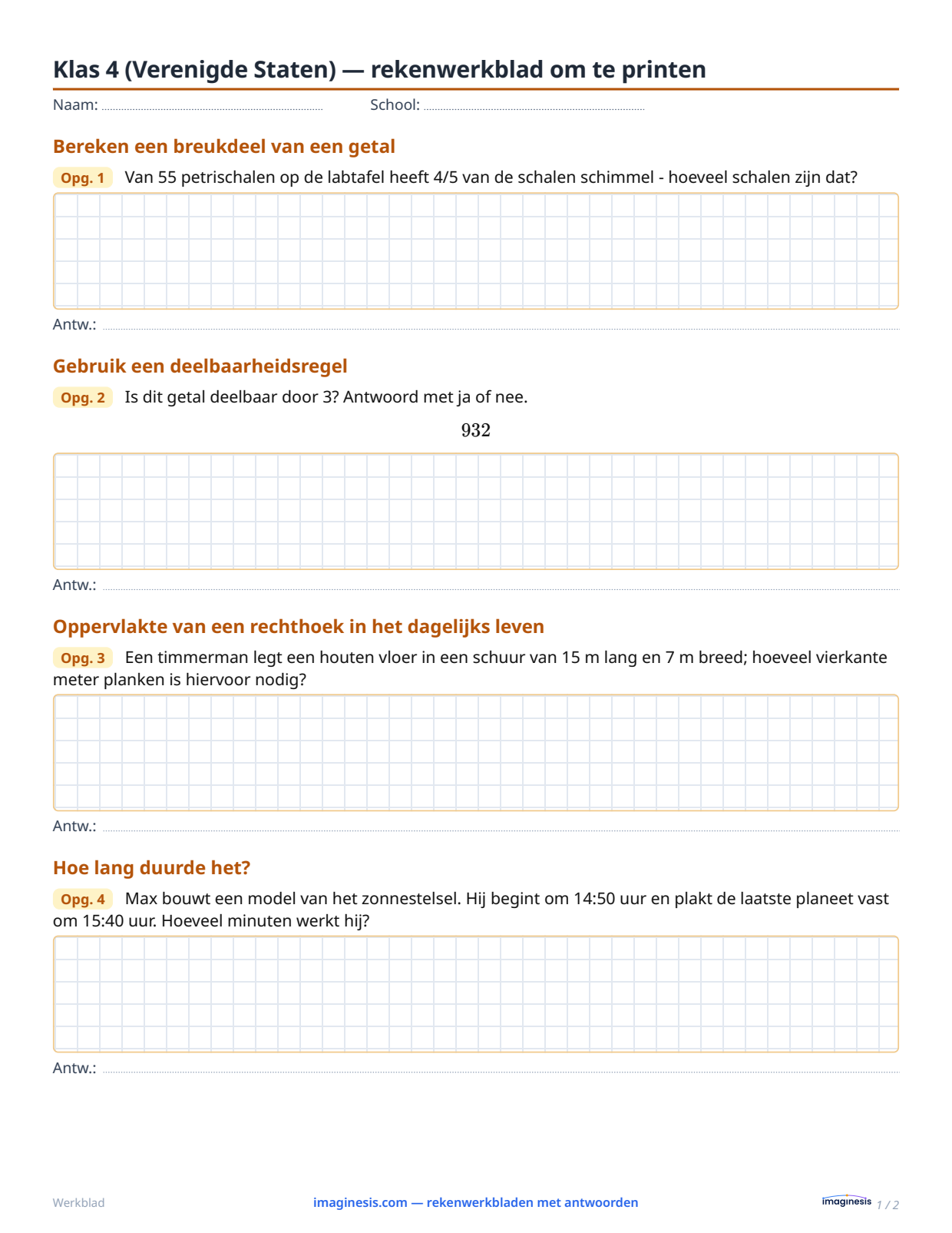 Klas 4 (Verenigde Staten) — rekenwerkblad om te printen — Leerlingblad: rekenwerkblad om te printen (Klas 4, Verenigde Staten)