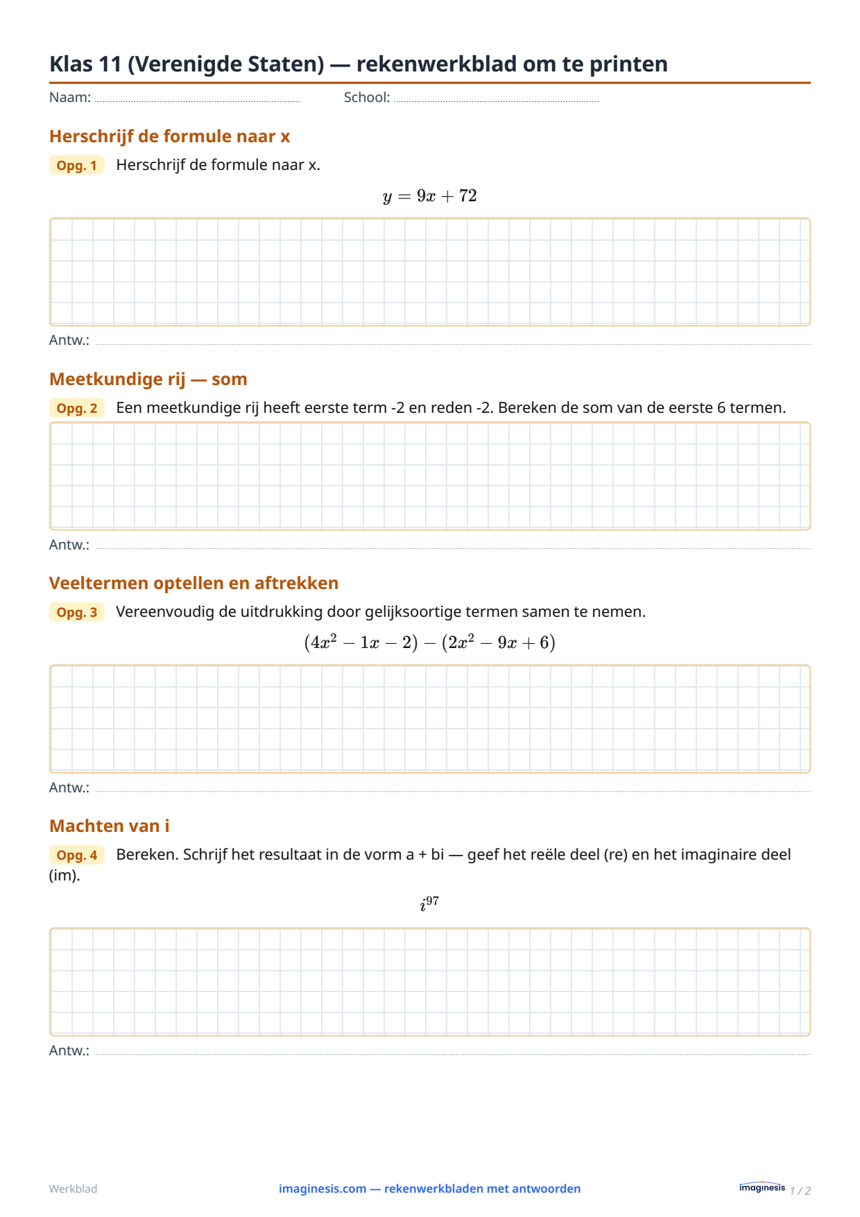 Klas 11 (Verenigde Staten) — rekenwerkblad om te printen — Leerlingblad: rekenwerkblad om te printen (Klas 11, Verenigde Staten)