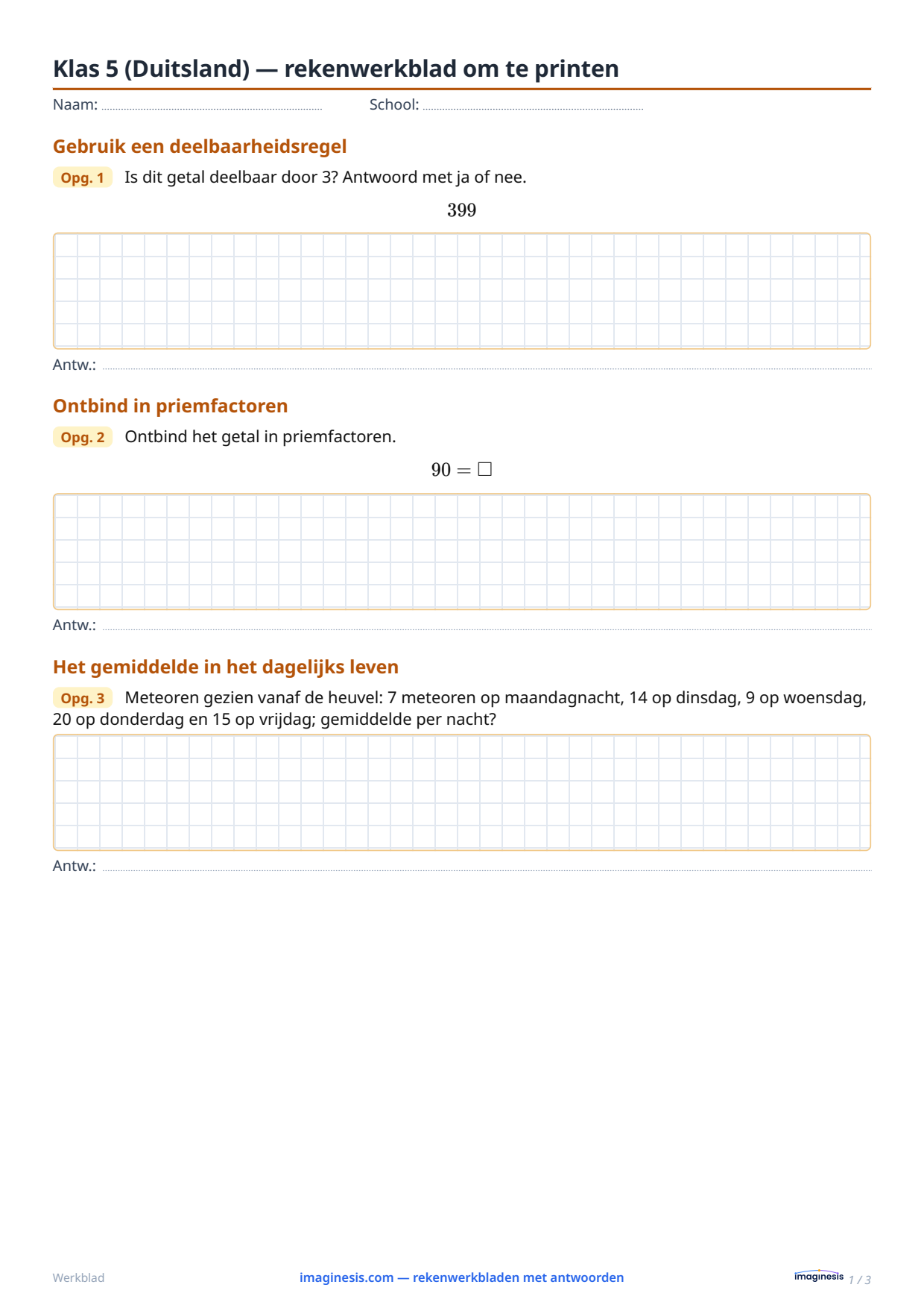 Klas 5 (Duitsland) — rekenwerkblad om te printen — Leerlingblad: rekenwerkblad om te printen (Klas 5, Duitsland)