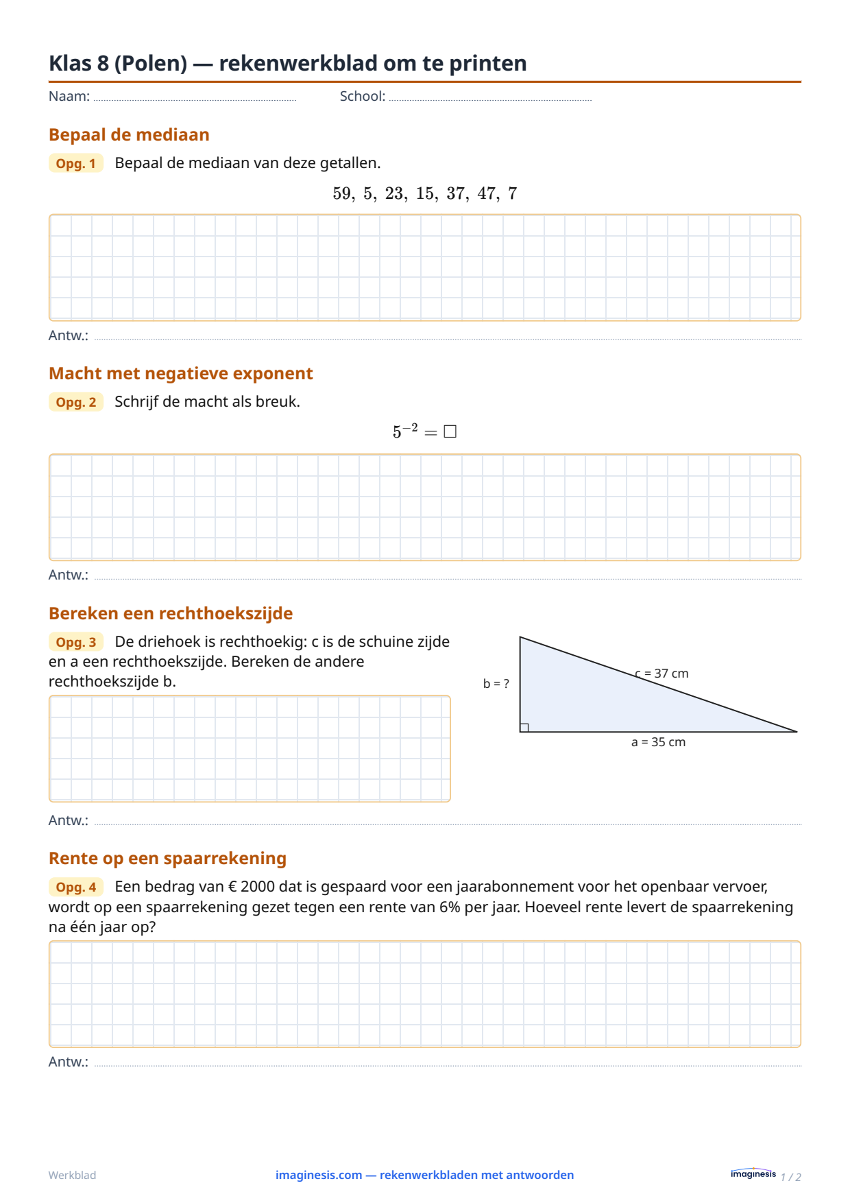 Klas 8 (Polen) — rekenwerkblad om te printen — Leerlingblad: rekenwerkblad om te printen (Klas 8, Polen)