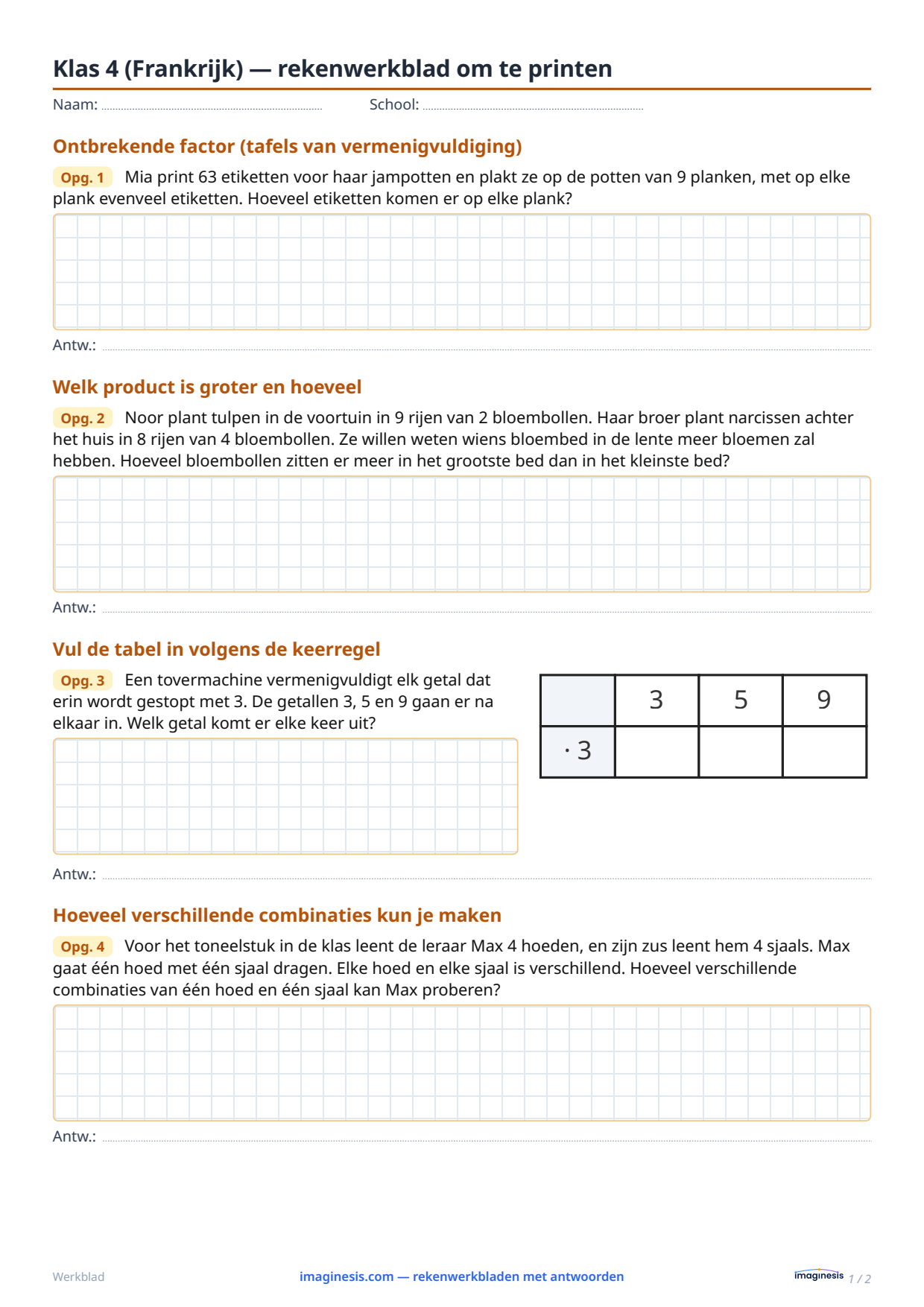 Klas 4 (Frankrijk) — rekenwerkblad om te printen — Leerlingblad: rekenwerkblad om te printen (Klas 4, Frankrijk)