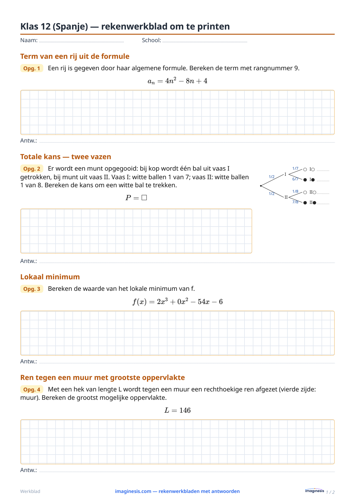 Klas 12 (Spanje) — rekenwerkblad om te printen — Leerlingblad: rekenwerkblad om te printen (Klas 12, Spanje)
