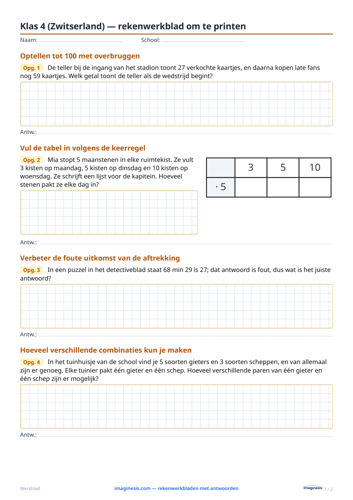 Klas 4 (Zwitserland) — rekenwerkblad om te printen — Leerlingblad: rekenwerkblad om te printen (Klas 4, Zwitserland)