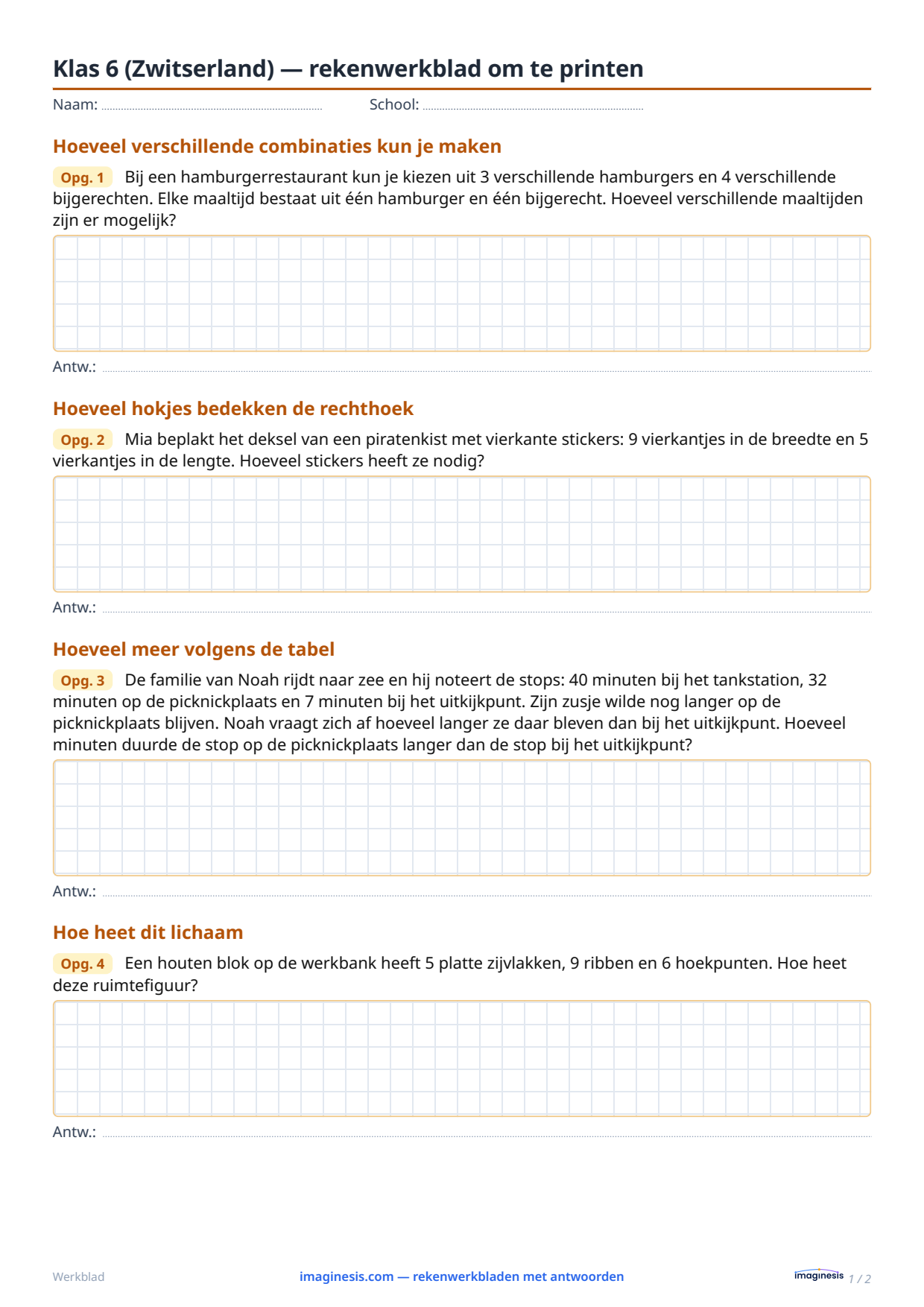 Klas 6 (Zwitserland) — rekenwerkblad om te printen — Leerlingblad: rekenwerkblad om te printen (Klas 6, Zwitserland)