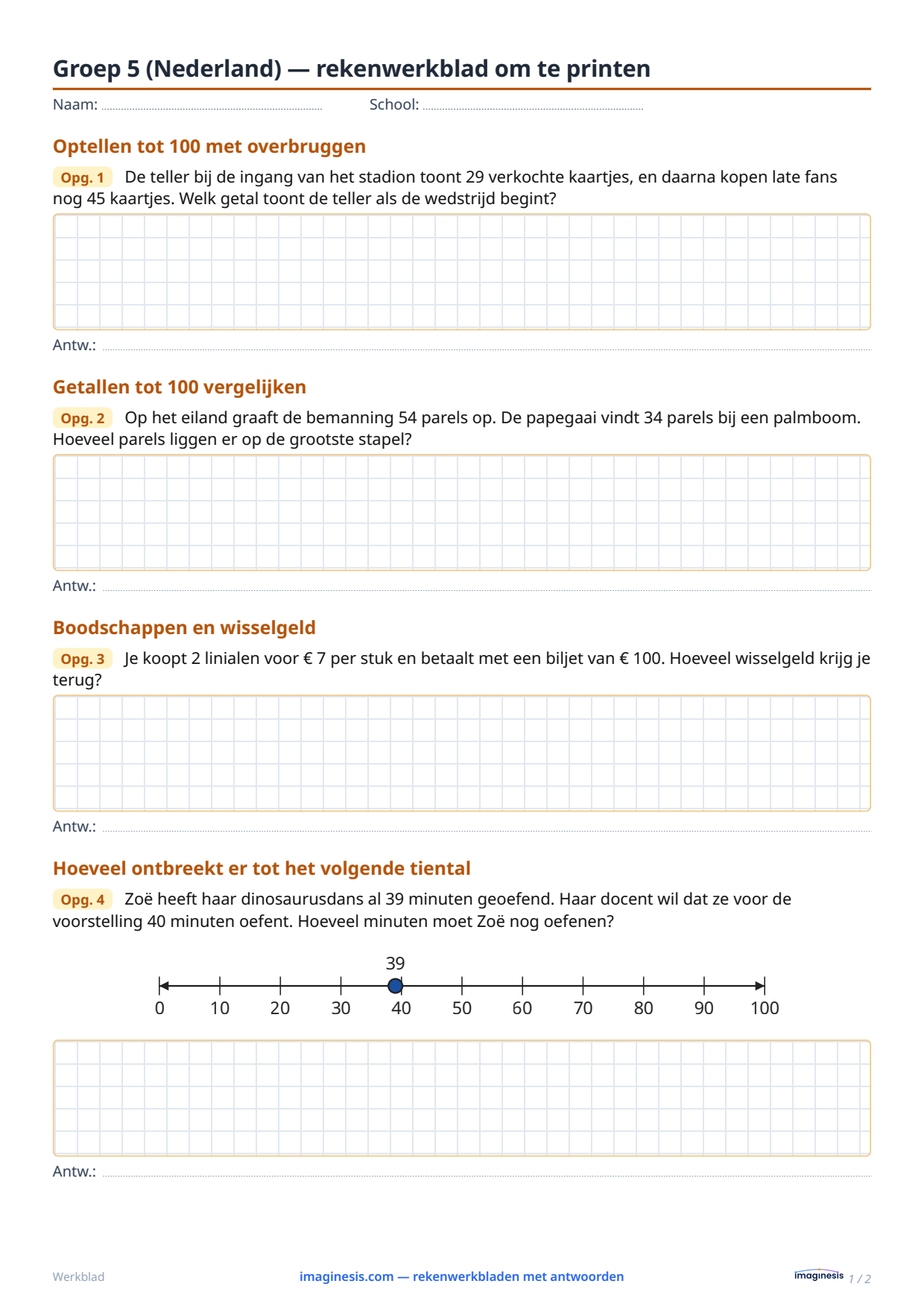 Groep 5 (Nederland) — rekenwerkblad om te printen — Leerlingblad: rekenwerkblad om te printen (Groep 5, Nederland)