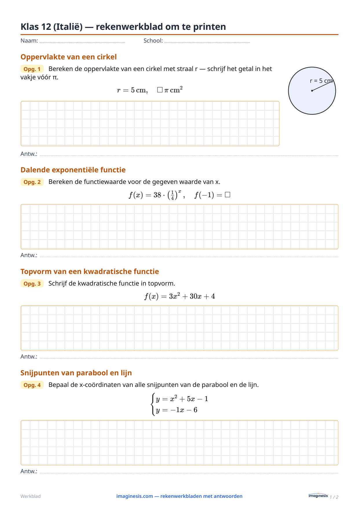 Klas 12 (Italië) — rekenwerkblad om te printen — Leerlingblad: rekenwerkblad om te printen (Klas 12, Italië)