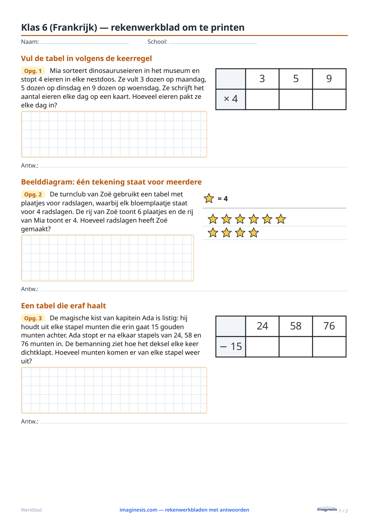 Klas 6 (Frankrijk) — rekenwerkblad om te printen — Leerlingblad: rekenwerkblad om te printen (Klas 6, Frankrijk)