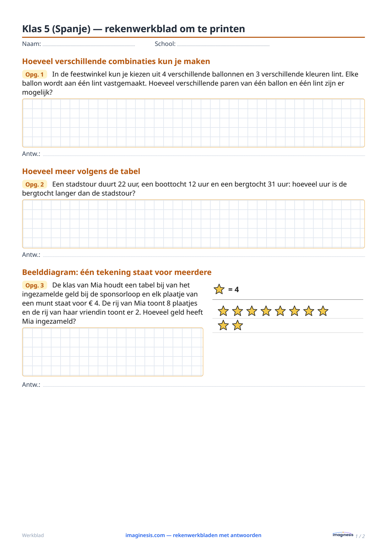 Klas 5 (Spanje) — rekenwerkblad om te printen — Leerlingblad: rekenwerkblad om te printen (Klas 5, Spanje)