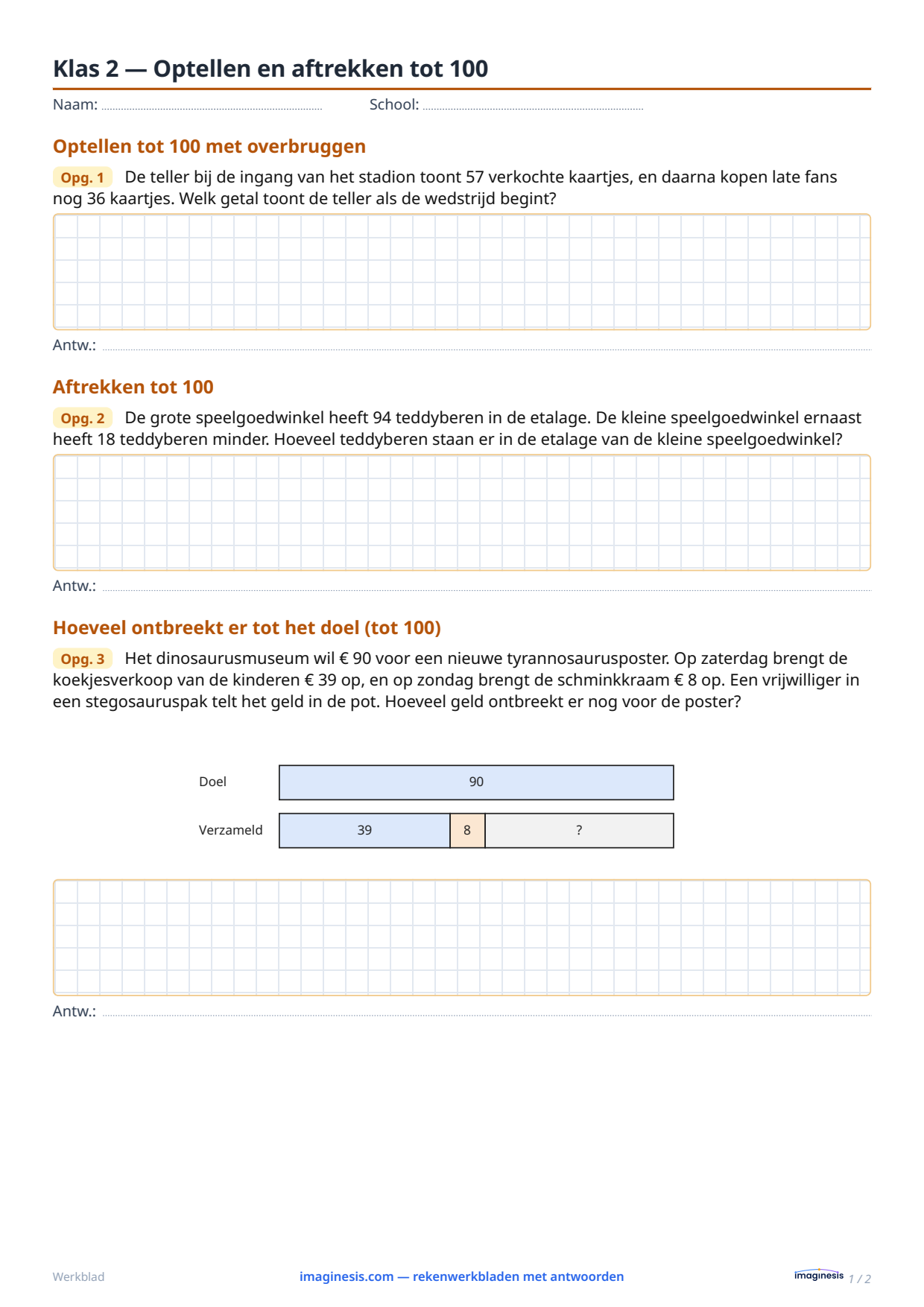 Klas 2 — Optellen en aftrekken tot 100 — Leerlingblad: rekenwerkblad om te printen (Klas 2, Duitsland)