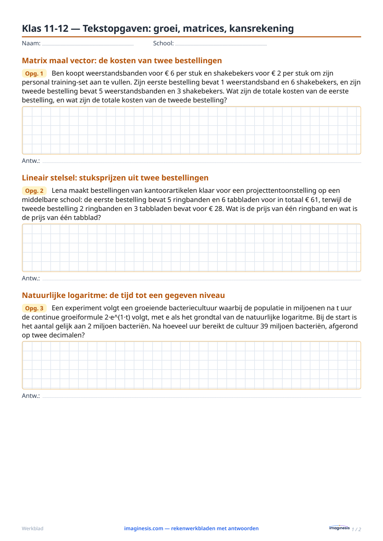 Klas 11-12 — Tekstopgaven: groei, matrices, kansrekening — Leerlingblad: rekenwerkblad om te printen (Leerjaar 11–12, Duitsland)