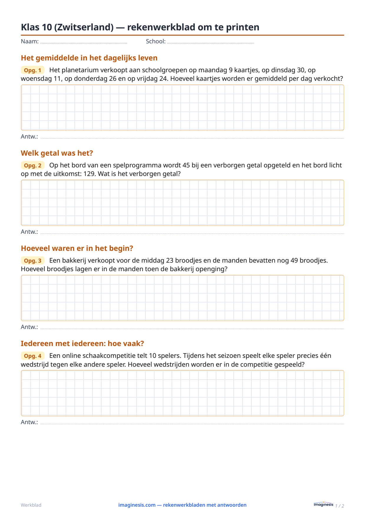 Klas 10 (Zwitserland) — rekenwerkblad om te printen — Leerlingblad: rekenwerkblad om te printen (Klas 10, Zwitserland)