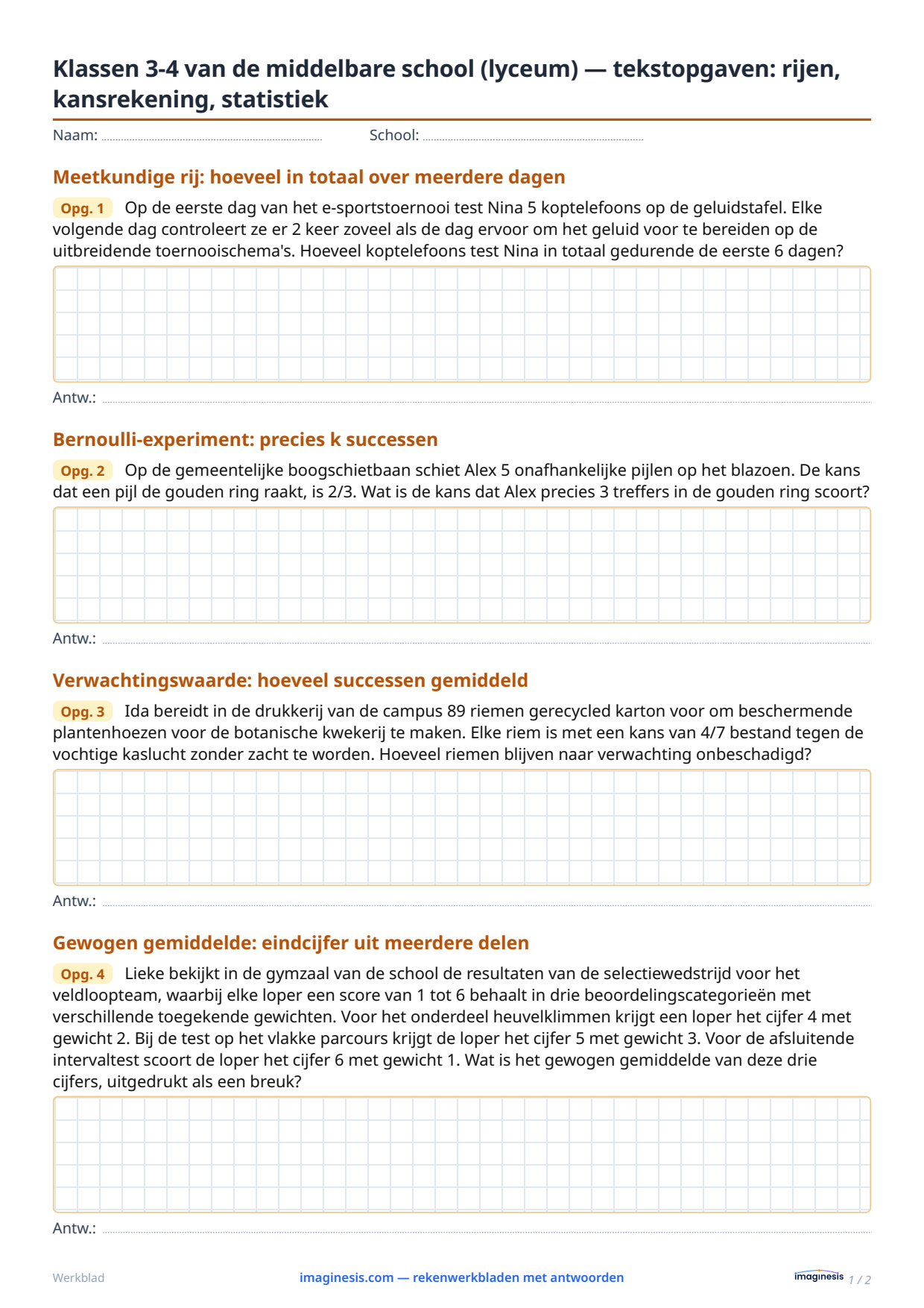 Klassen 3-4 van de middelbare school (lyceum) — tekstopgaven: rijen, kansrekening, statistiek — Leerlingblad: rekenwerkblad om te printen (Leerjaar 11–12, Polen)