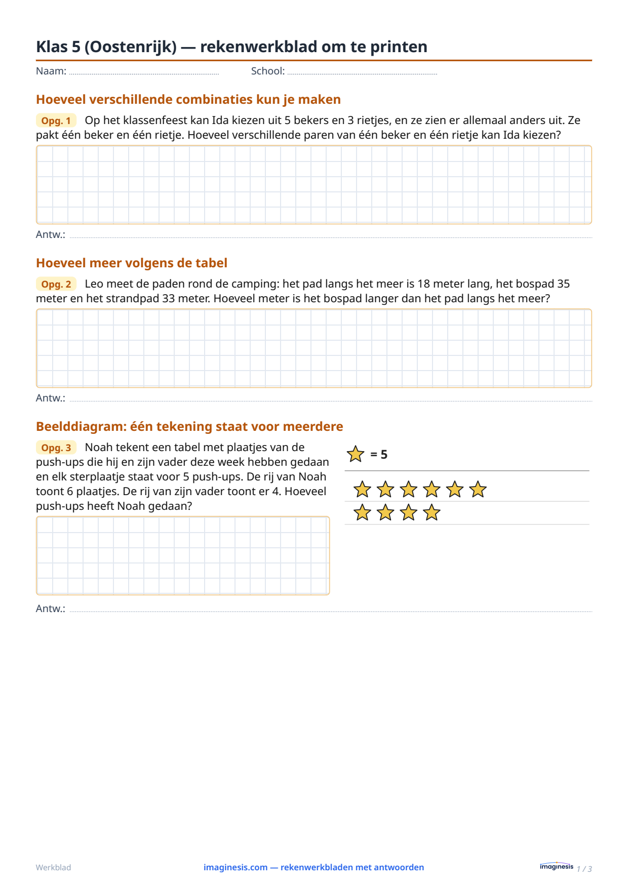 Klas 5 (Oostenrijk) — rekenwerkblad om te printen — Leerlingblad: rekenwerkblad om te printen (Klas 5, Oostenrijk)