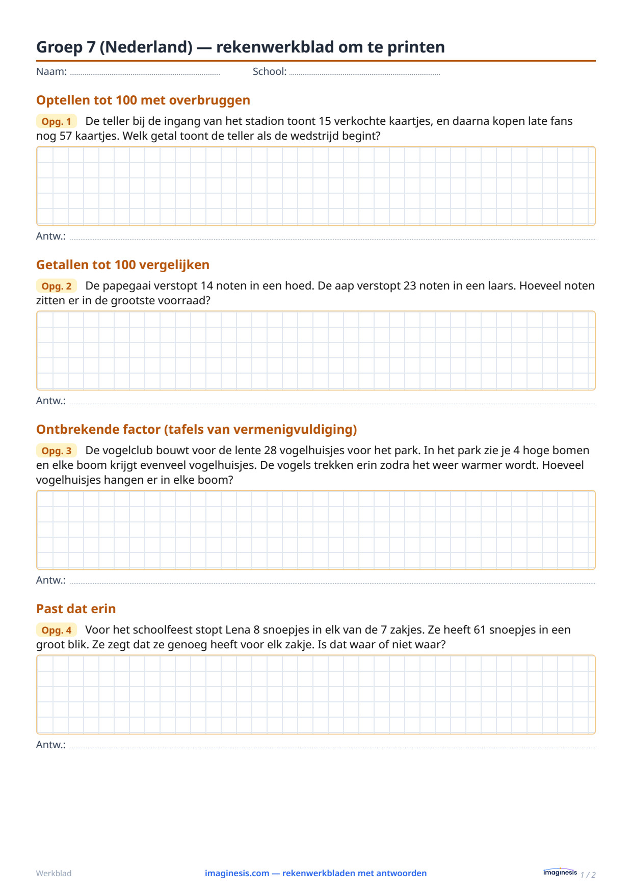 Groep 7 (Nederland) — rekenwerkblad om te printen — Leerlingblad: rekenwerkblad om te printen (Groep 7, Nederland)