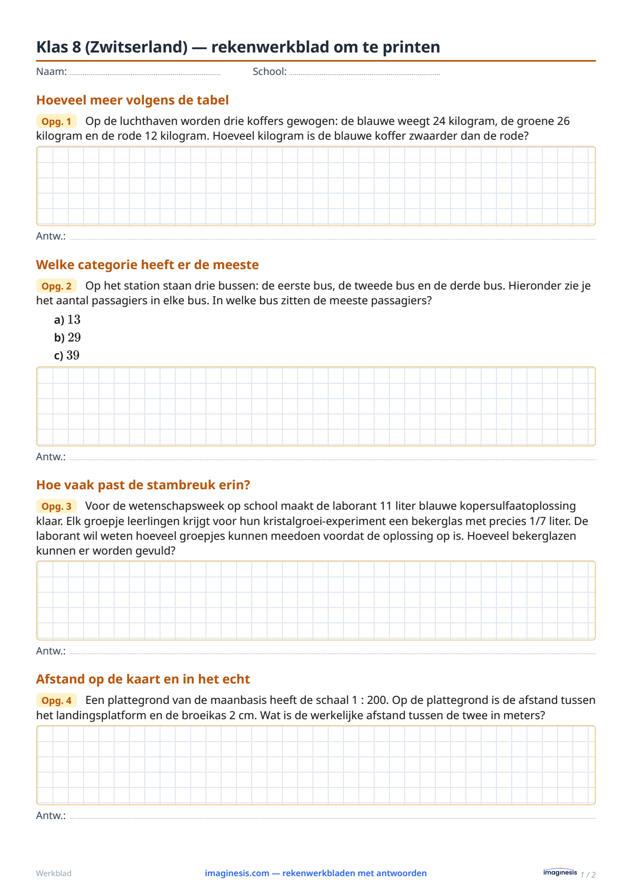 Klas 8 (Zwitserland) — rekenwerkblad om te printen — Leerlingblad: rekenwerkblad om te printen (Klas 8, Zwitserland)