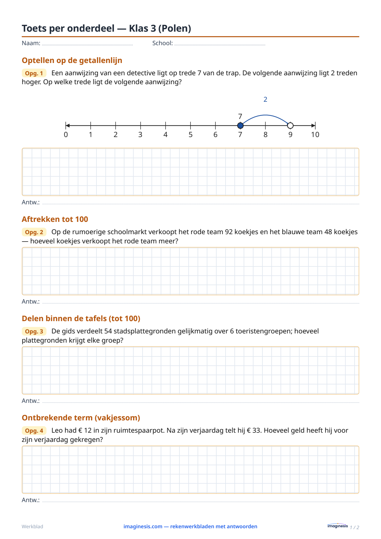 Toets per onderdeel — Klas 3 (Polen) — Leerlingblad: rekenwerkblad om te printen (Klas 3, Polen)