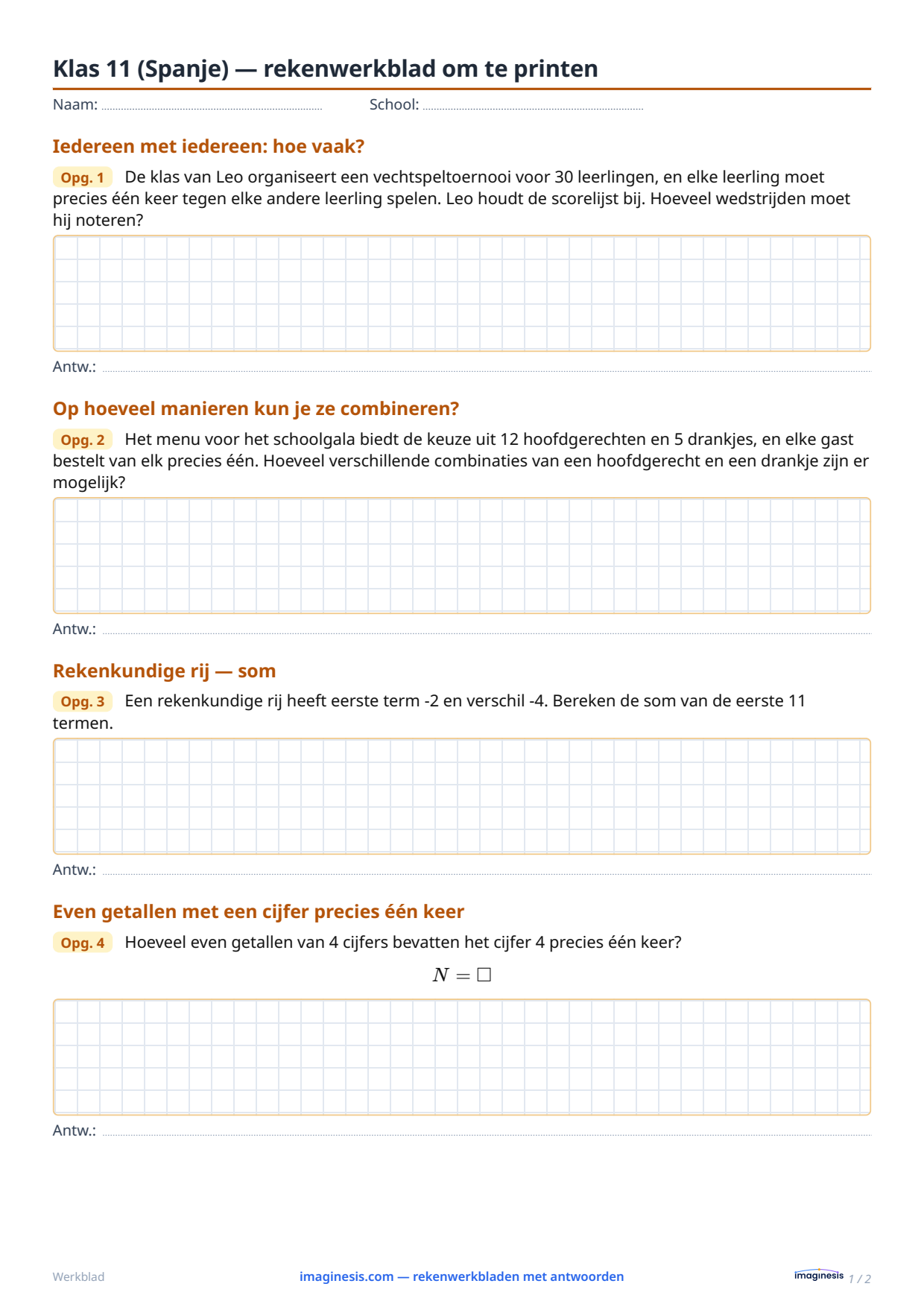 Klas 11 (Spanje) — rekenwerkblad om te printen — Leerlingblad: rekenwerkblad om te printen (Klas 11, Spanje)