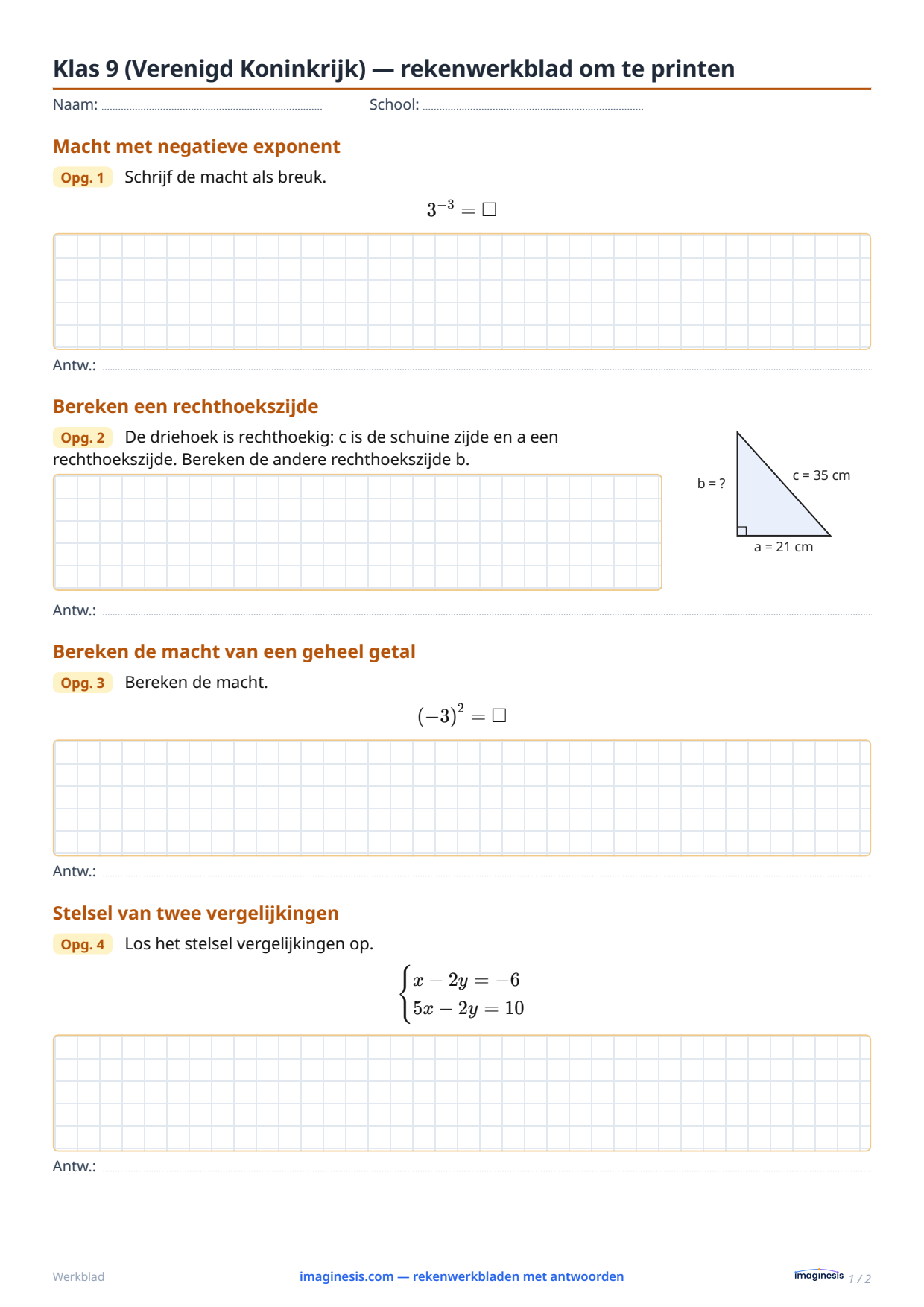 Klas 9 (Verenigd Koninkrijk) — rekenwerkblad om te printen — Leerlingblad: rekenwerkblad om te printen (Klas 9, Verenigd Koninkrijk)