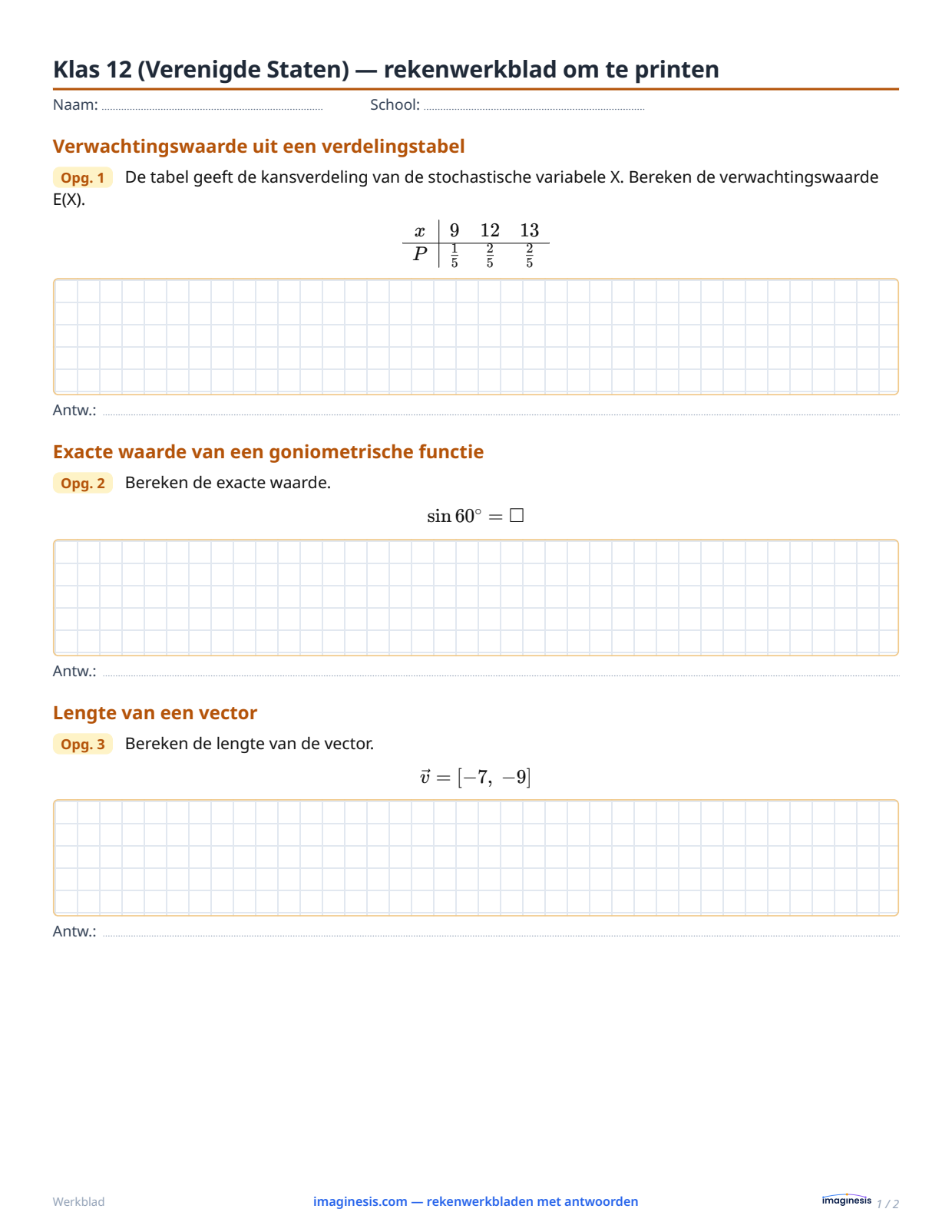 Klas 12 (Verenigde Staten) — rekenwerkblad om te printen — Leerlingblad: rekenwerkblad om te printen (Klas 12, Verenigde Staten)