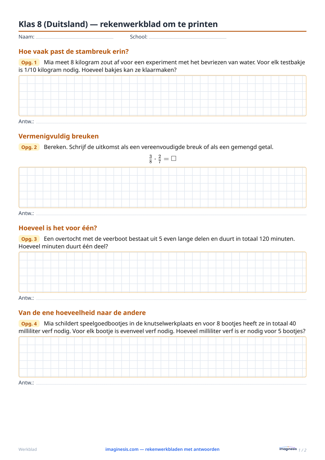 Klas 8 (Duitsland) — rekenwerkblad om te printen — Leerlingblad: rekenwerkblad om te printen (Klas 8, Duitsland)