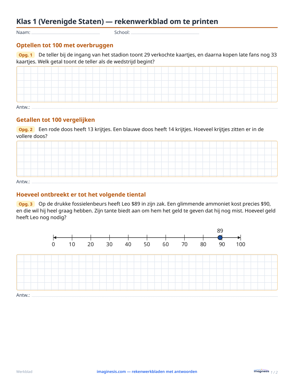 Klas 1 (Verenigde Staten) — rekenwerkblad om te printen — Leerlingblad: rekenwerkblad om te printen (Klas 1, Verenigde Staten)