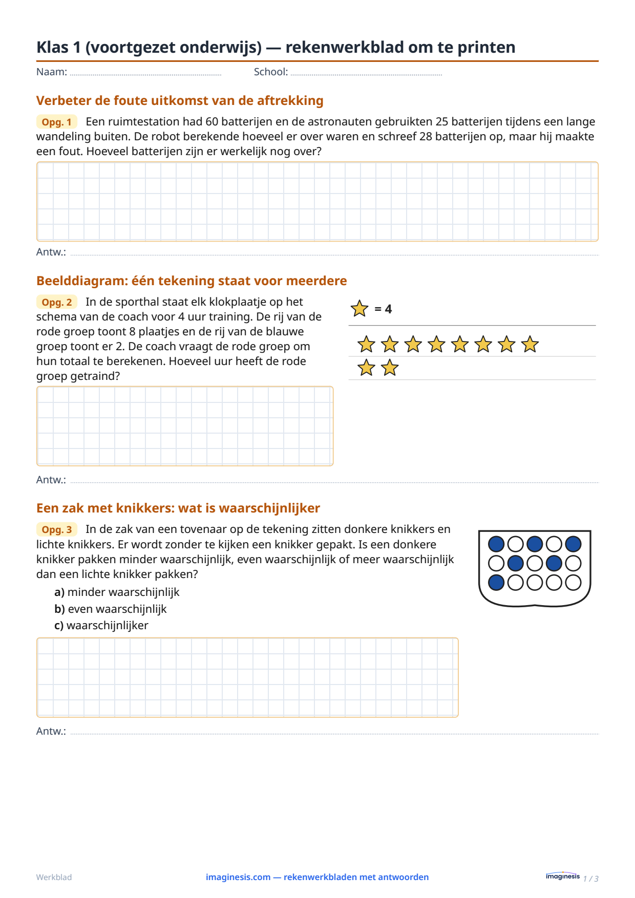 Klas 1 (voortgezet onderwijs) — rekenwerkblad om te printen — Leerlingblad: rekenwerkblad om te printen (Klas 1 (voortgezet onderwijs), Nederland)