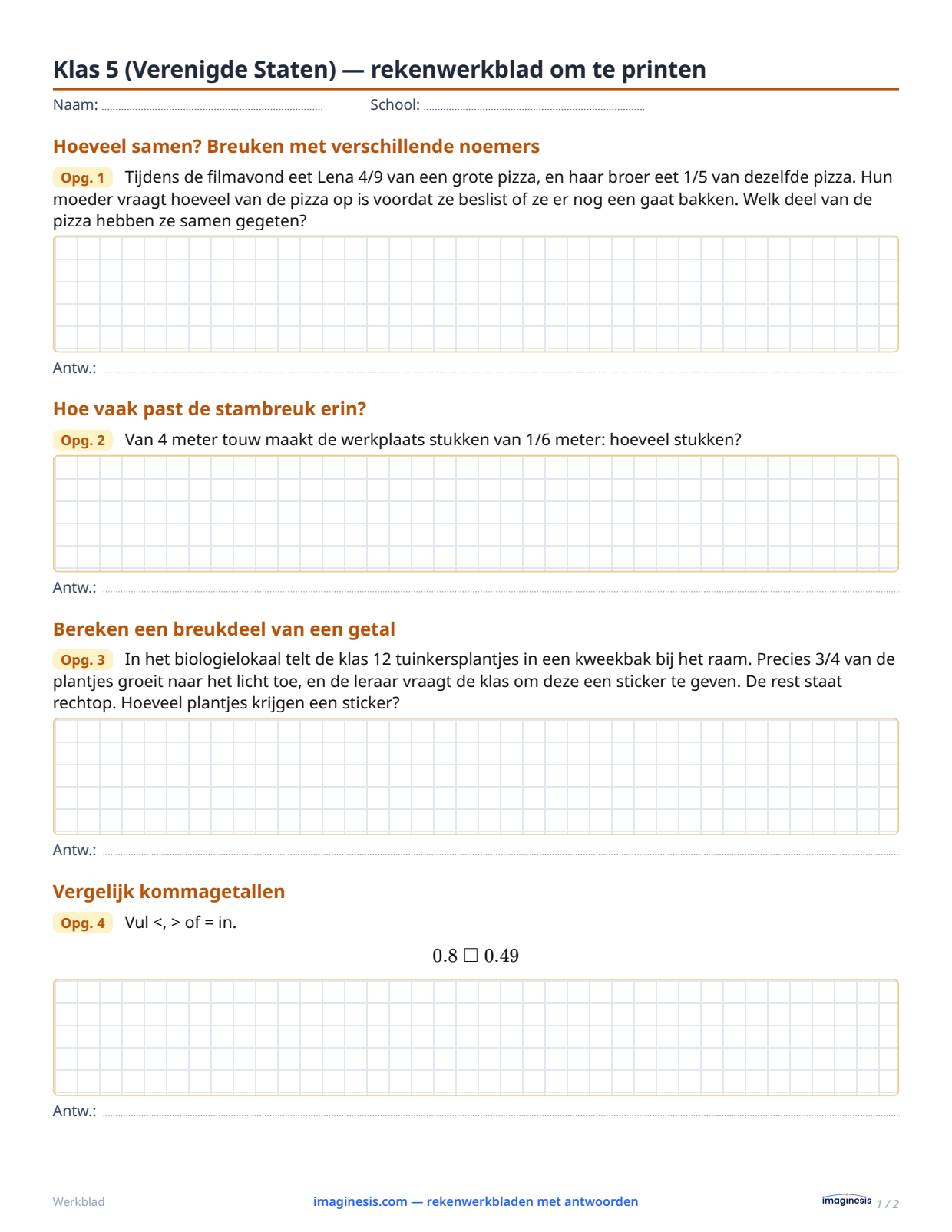 Klas 5 (Verenigde Staten) — rekenwerkblad om te printen — Leerlingblad: rekenwerkblad om te printen (Klas 5, Verenigde Staten)