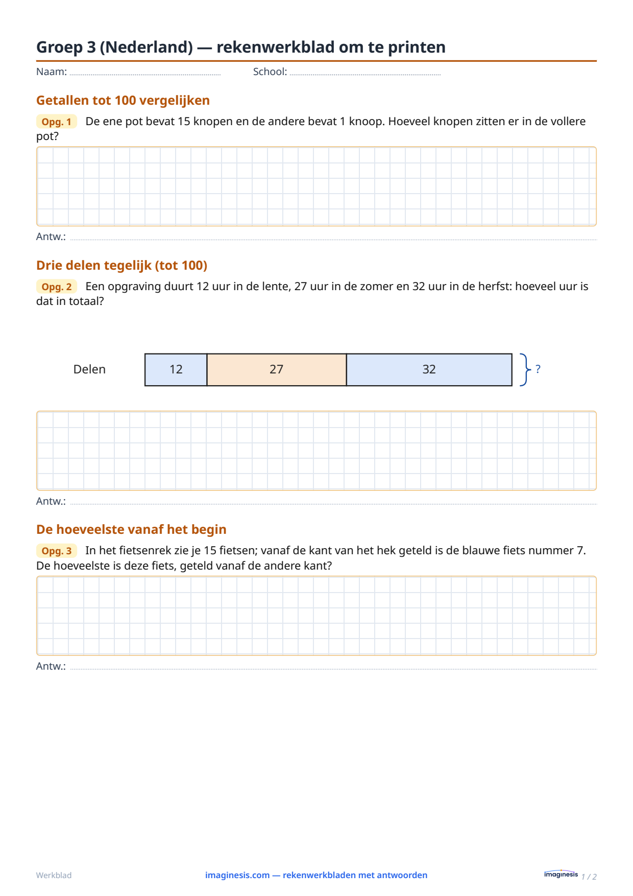 Groep 3 (Nederland) — rekenwerkblad om te printen — Leerlingblad: rekenwerkblad om te printen (Groep 3, Nederland)