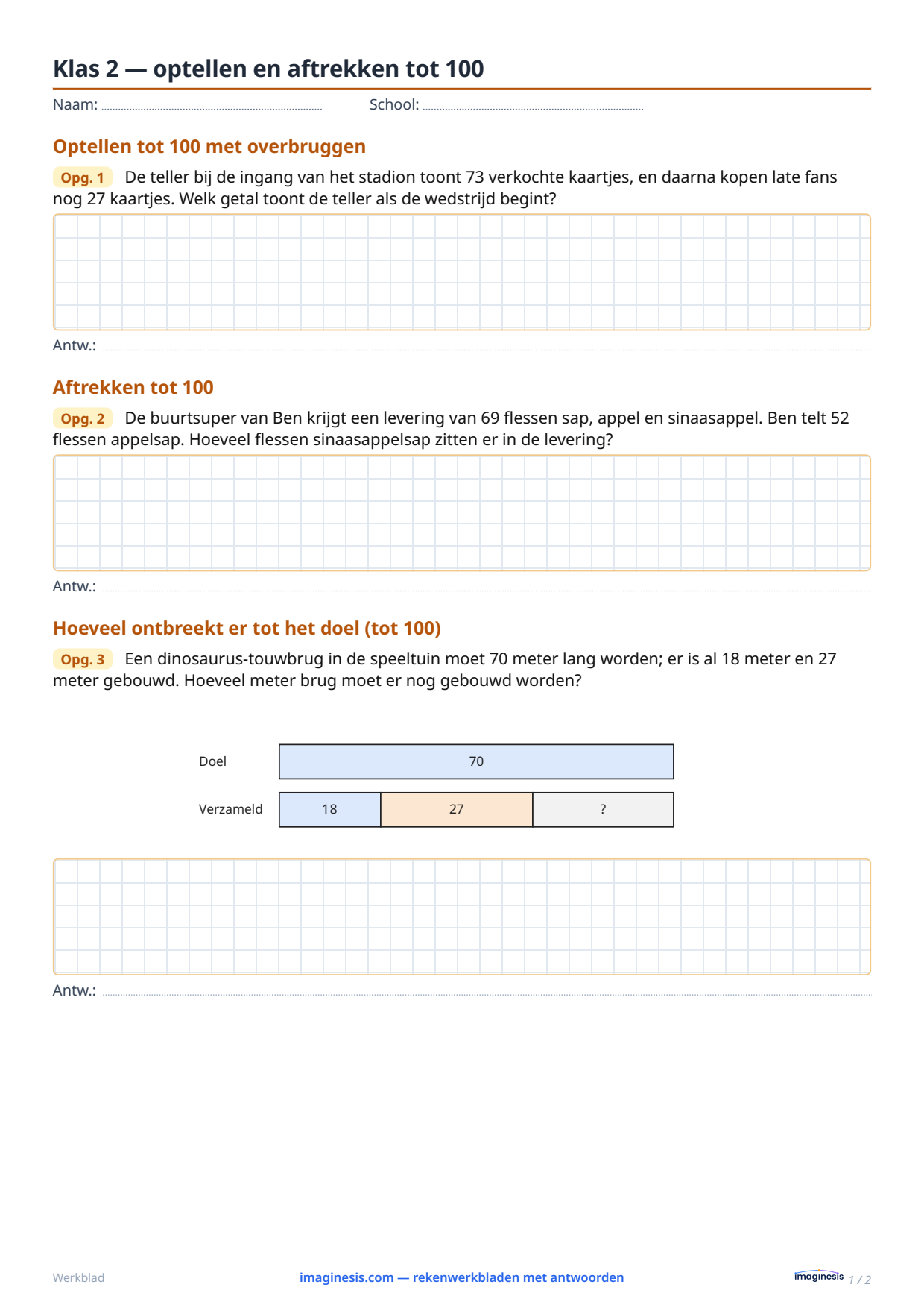 Klas 2 — optellen en aftrekken tot 100 — Leerlingblad: rekenwerkblad om te printen (Klas 2, Polen)